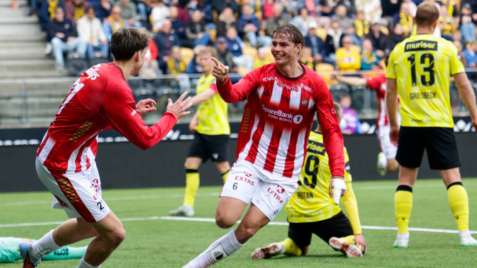 Tromsøs Jens Hjertø-Dahl jubler for 1-0 under eliteseriekampen i fotball mellom Start og Tromsø på Sparebanken Norge Arena Kristiansand.