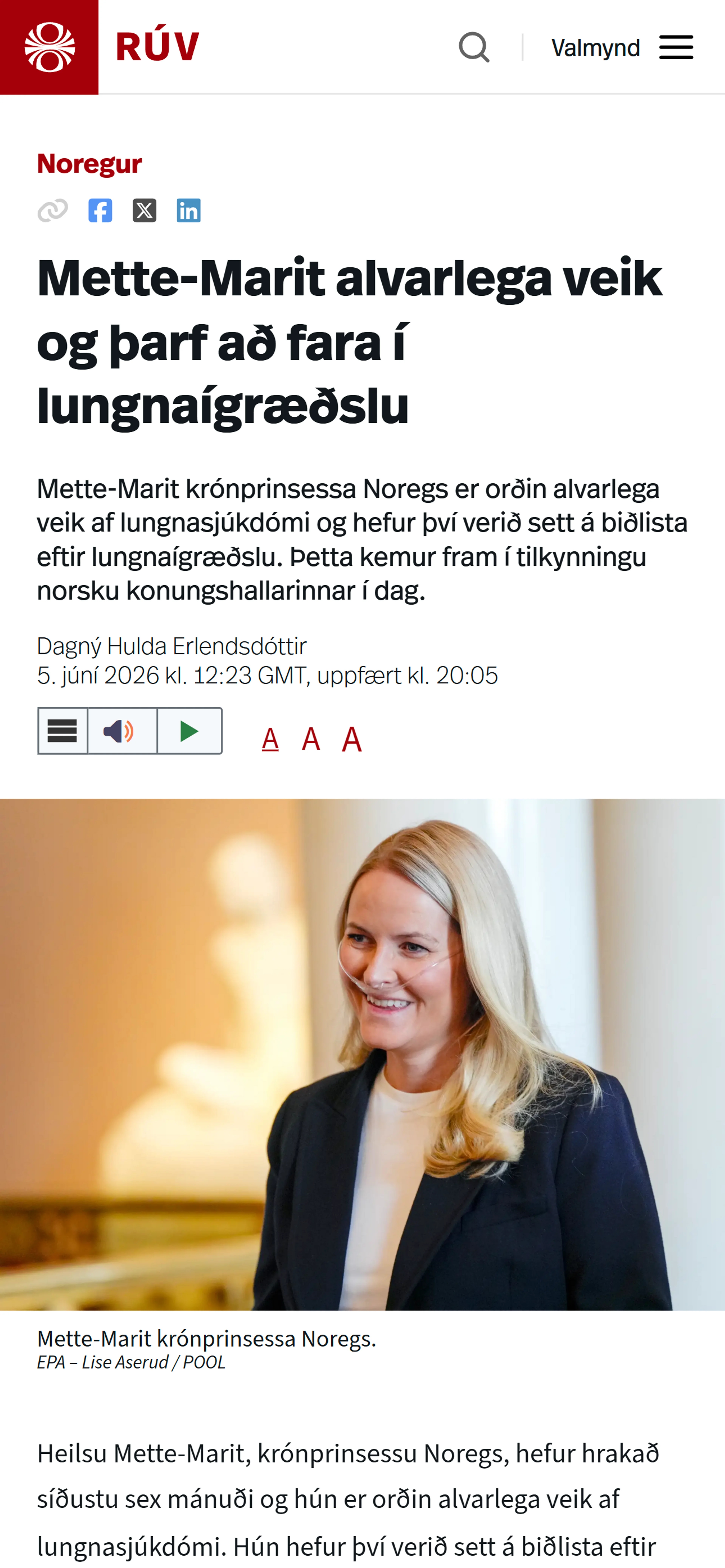 Islandske RUV skriver: Mette-Marit alvorlig syk og trenger lungetransplantasjon