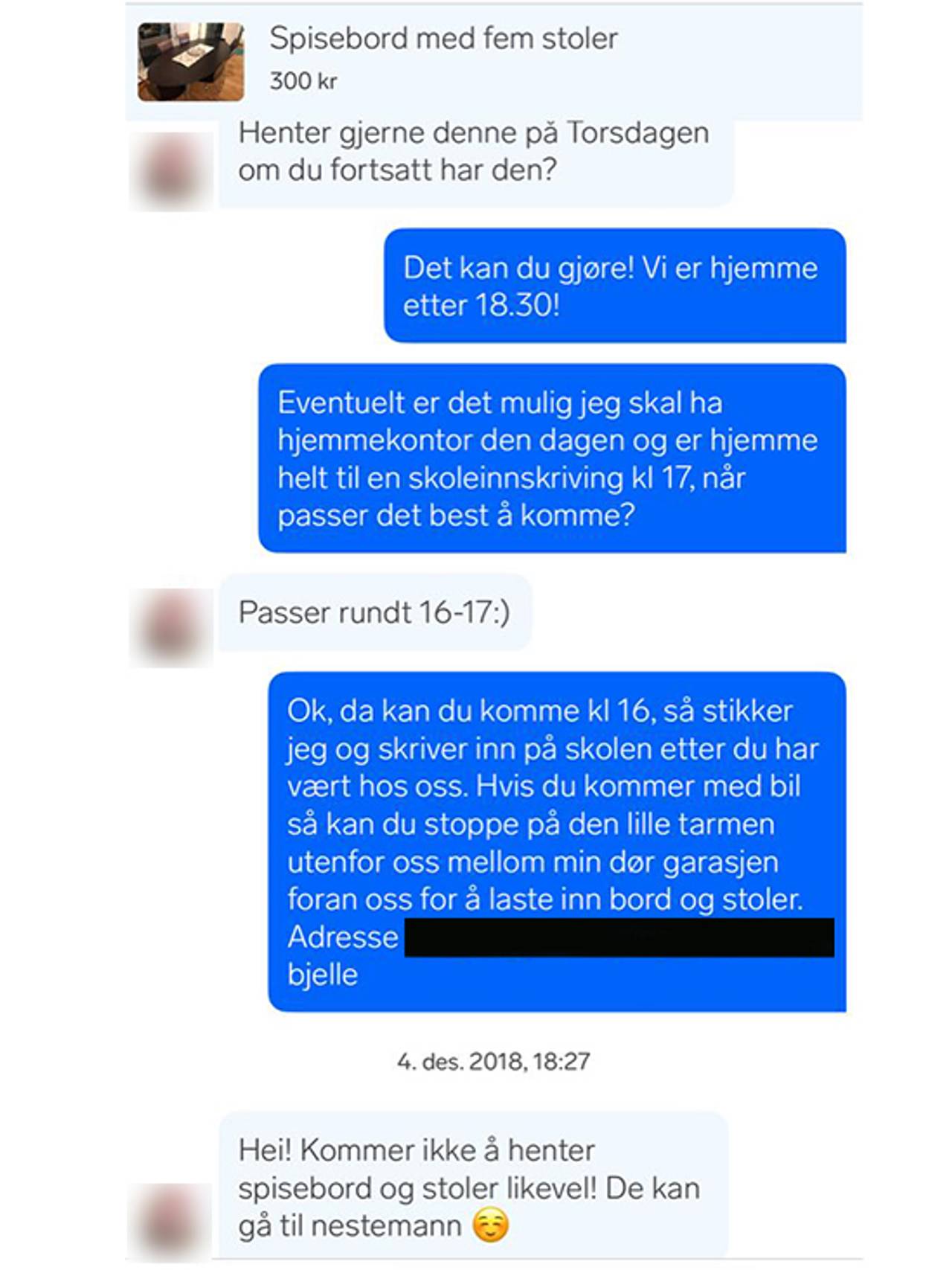 En skjermdump av en meldingstråd hvor to personer diskuterer salg av et spisebord.