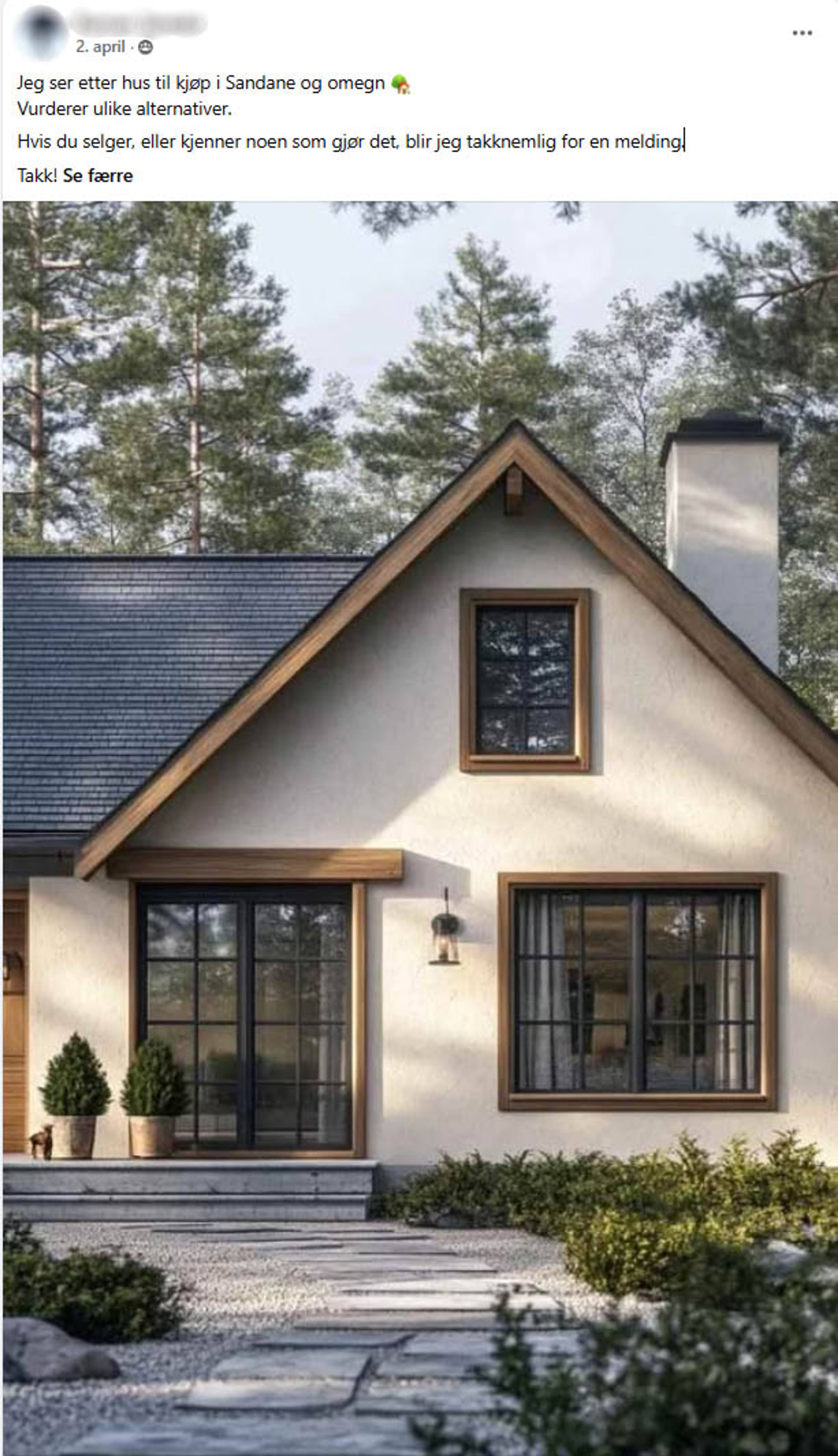 Bilde av et moderne hus med mørke vinduskarmer og tak. Det er en inngang med trapp og en sti som fører til døren. Omgivelsene er preget av trær og grøntområder. (Bildebeskrivelsen er laget av en KI-tjeneste)