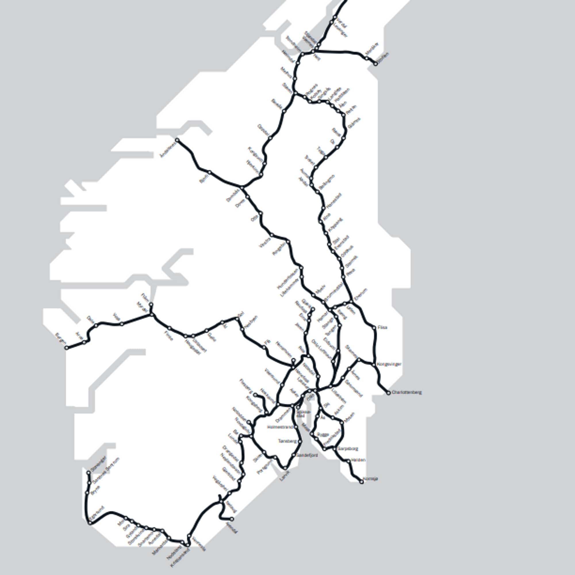 Kart over det norske jernbanenettet
