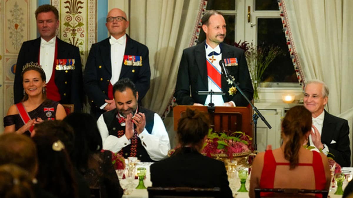 Kong Haakon holder tale på slottsmiddag -- Kongen står i svart gallatøy med rød orden på skrå over brystet og taler. Folk sitter rundt. Festpyntet sal FOTO: Heiko Junge/NTB