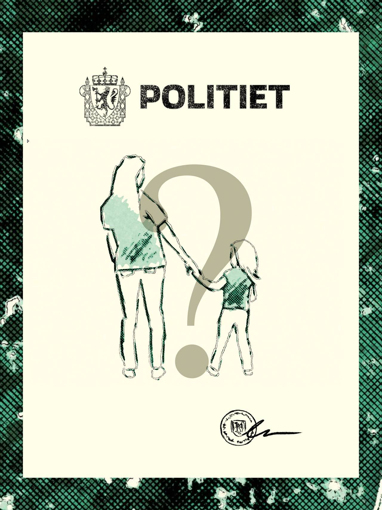 Illustrasjon av politiattest, med tegning av mor og barn som holder hender. Over ligger et spørsmålstegn.