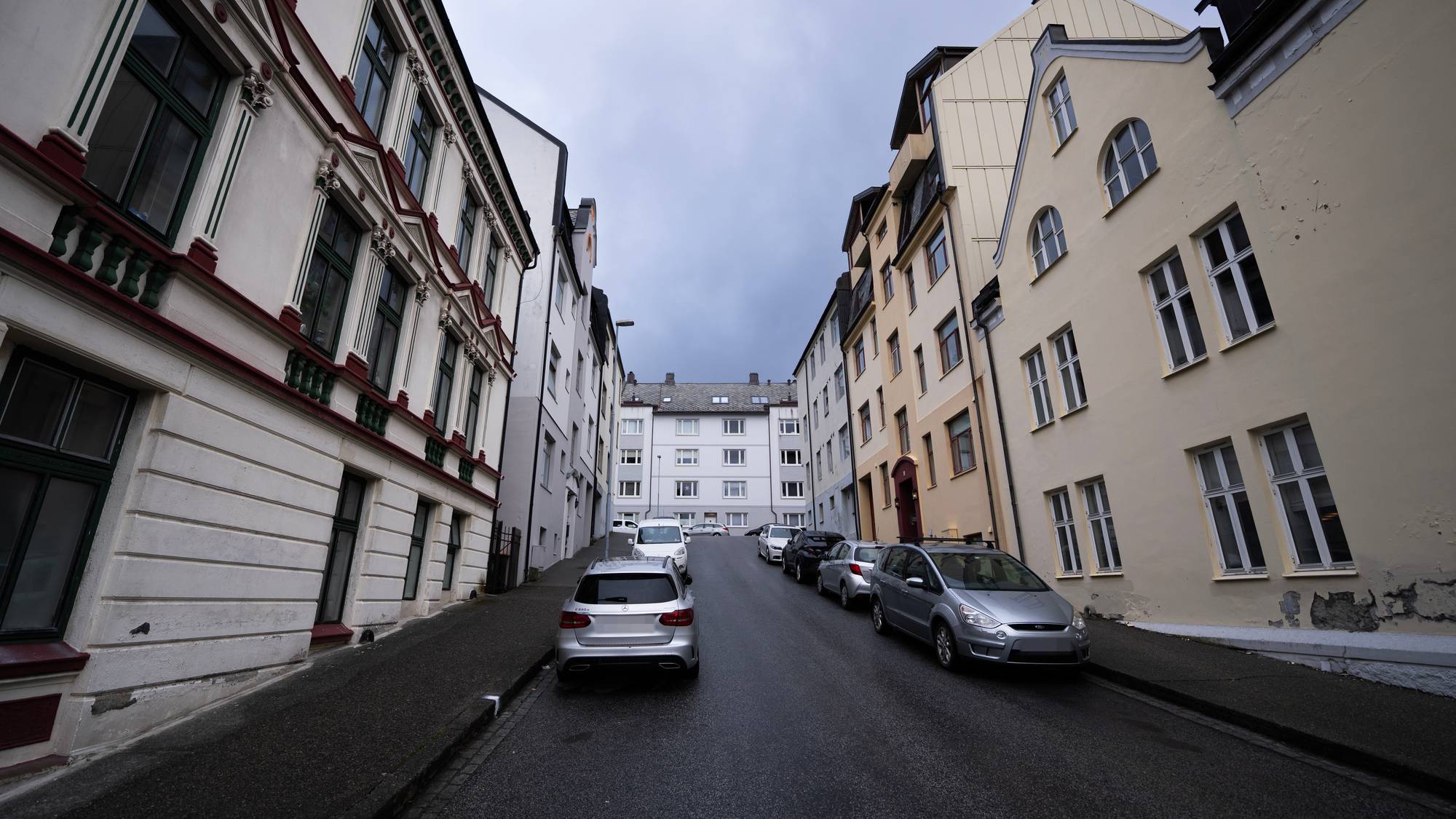 Biler er parkert på siden av en smal gate. Flere leilighetsbygg i ulike farger og stilarter rammer inn gaten. Skyene er grå og tunge over bybildet. Det er ingen synlige personer i bildet. (Bildebeskrivelsen er laget av en KI-tjeneste)