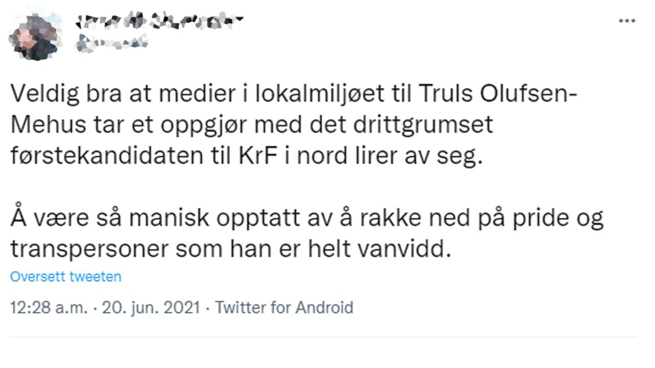 Twittermelding om Truls Olufsen-Mehus.