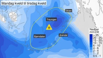 Det er sendt ut gult farevarsel for Telemark og Agder mandag 6.12