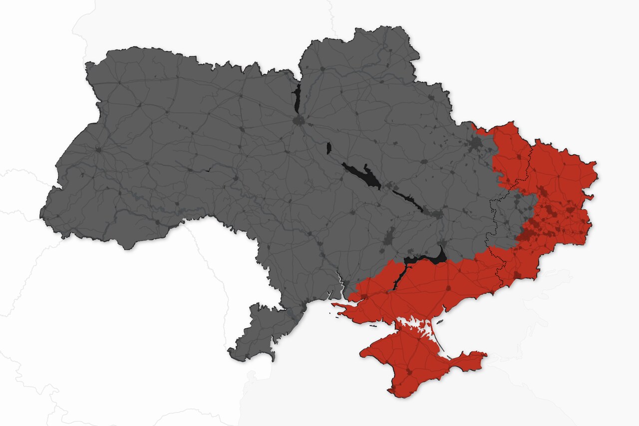 Kart over Ukraina. De røde områdene markerer hvor de russiske styrkene har kontroll. 