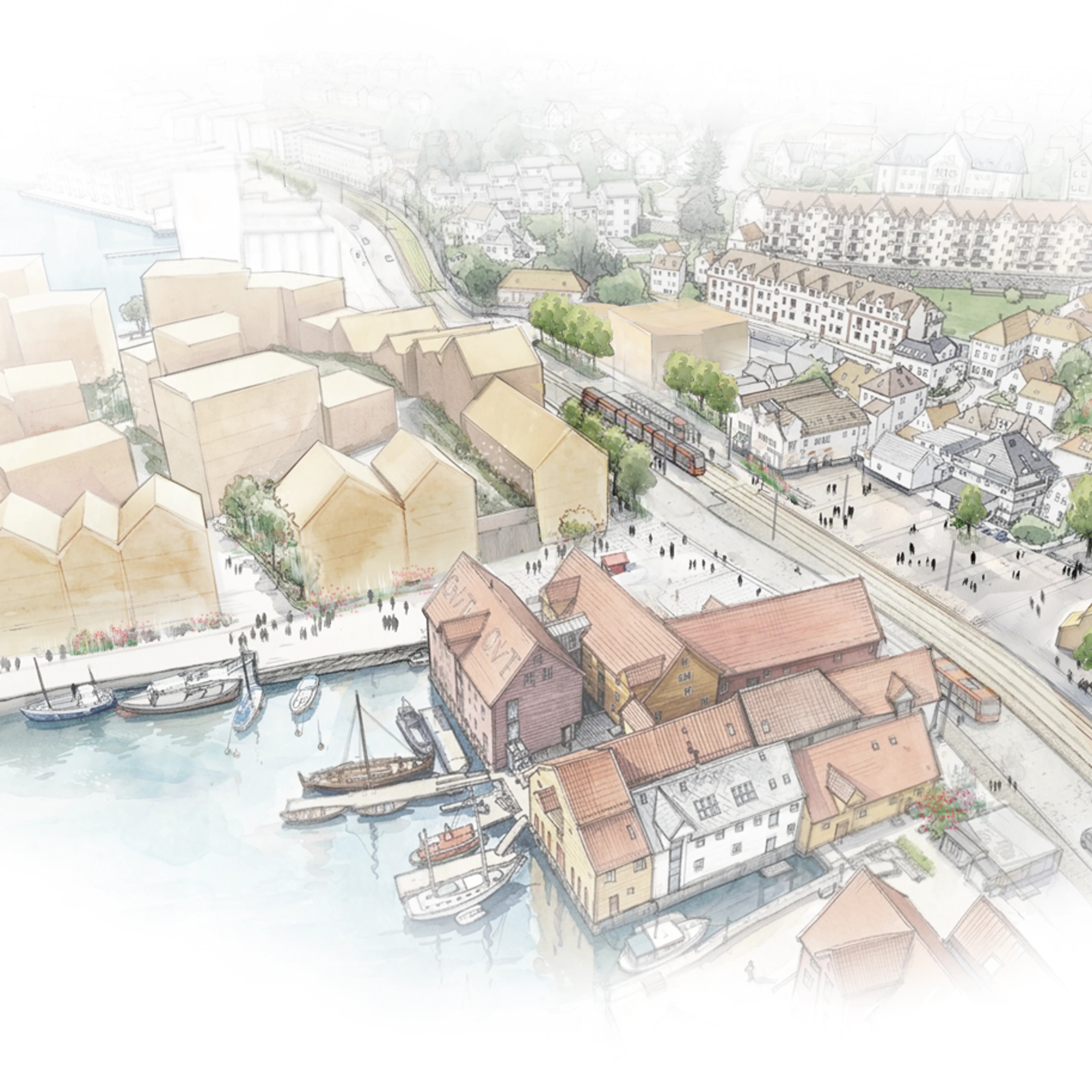 Illustrasjonsteikning av planlagd bybanetrase frå Bergen sentrum til Åsane bydel: Sandvikstorget haldeplass