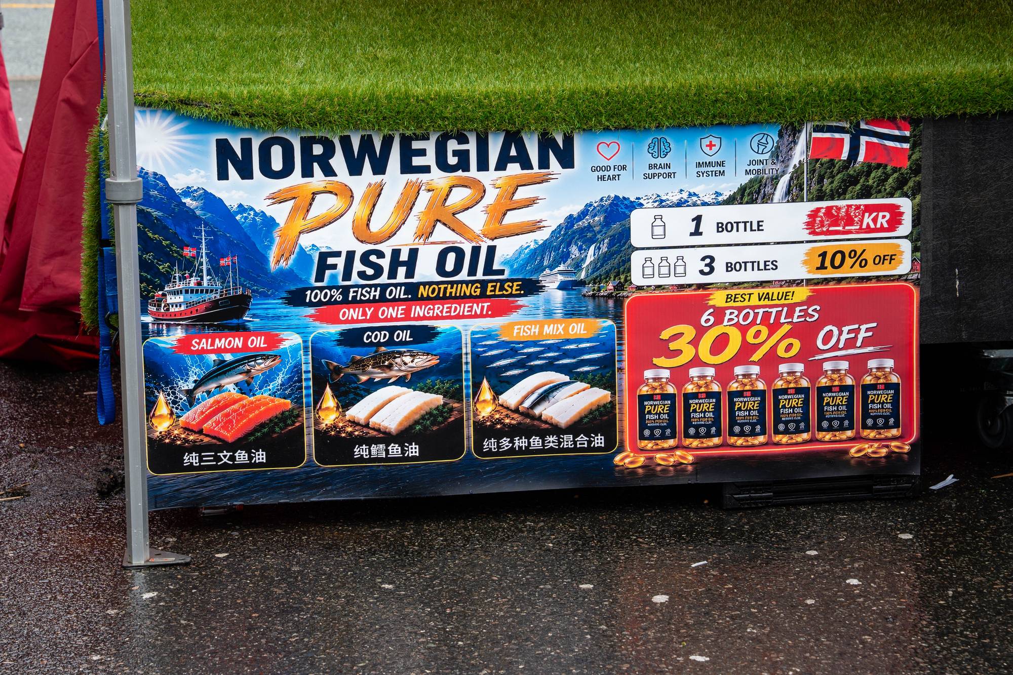 Reklameplakat for norsk fiskeolje med bilder av fisk, flasker og prisoversikt. Illustrasjon. (Bildebeskrivelsen er laget av en KI-tjeneste)