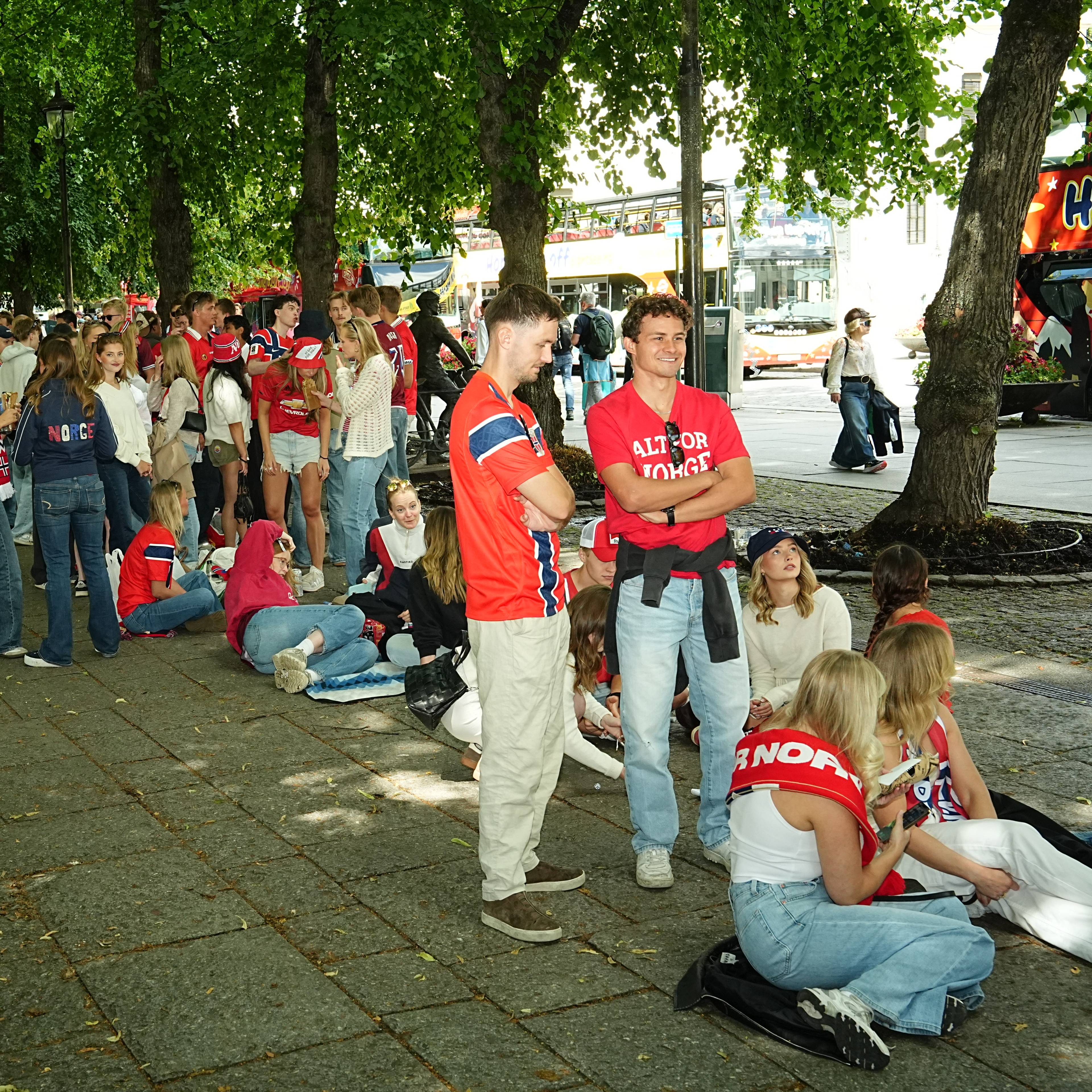 En folkemengde med mennesker kledd i norske farger venter langs en all i Oslo. (Bildebeskrivelsen er laget av en KI-tjeneste)