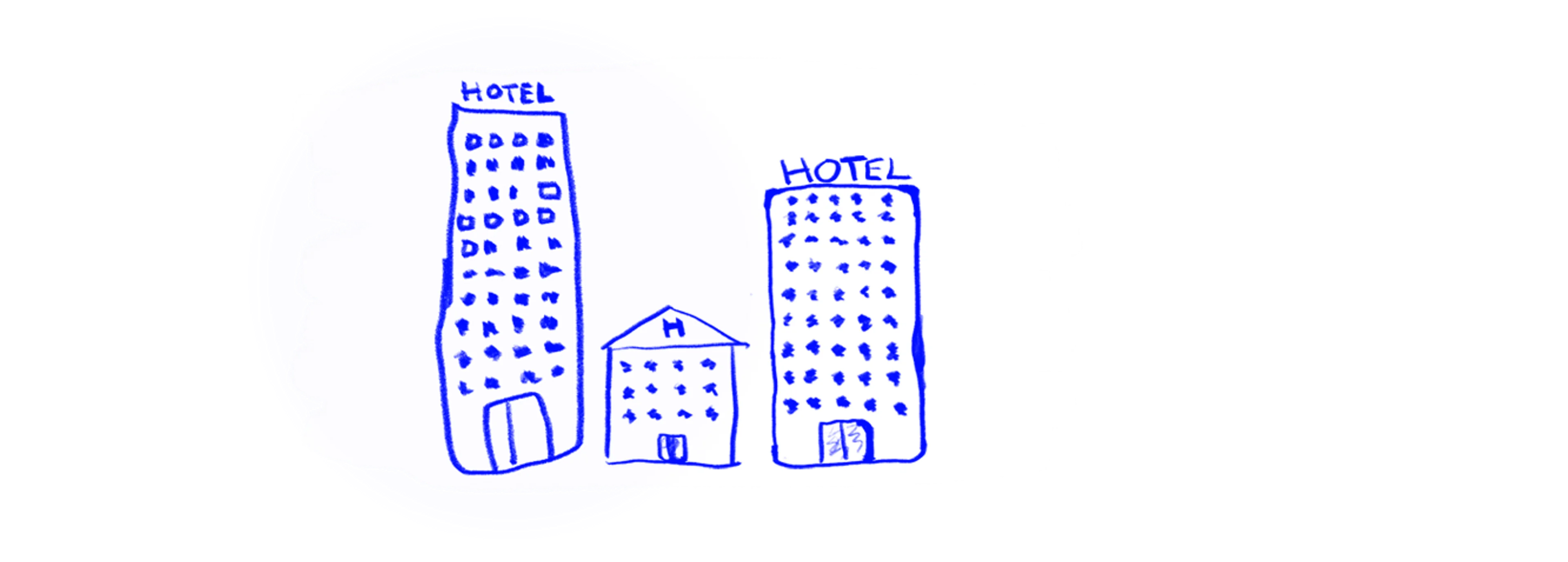 En illustrasjon med blå tusj. Tre bygninger tegnet enket. Det står Hotel på toppen.
