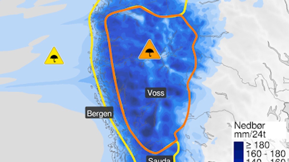 Farevarsel oppgradert: – Kan komme opp mot 150 millimeter nedbør på 24 timar