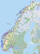 Kystverket / Kystverket Kart over Norge med røde og blå prikker langs kysten. Det er også merket av noen byer som Bergen og Trondheim. Kartet viser også veinettet med betegnelser som E6 og E39. Sverige og Finland er også synlige. (Bildebeskrivelsen er laget av en KI-tjeneste)
