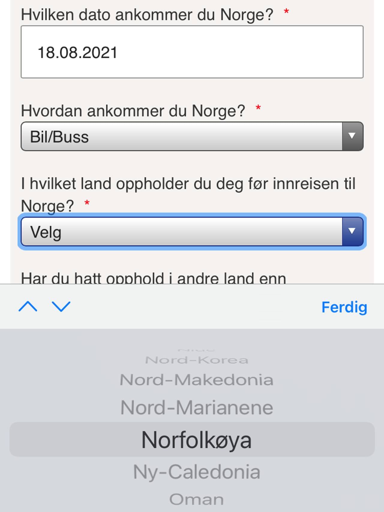 Innreiseskjema som ikke har Norge