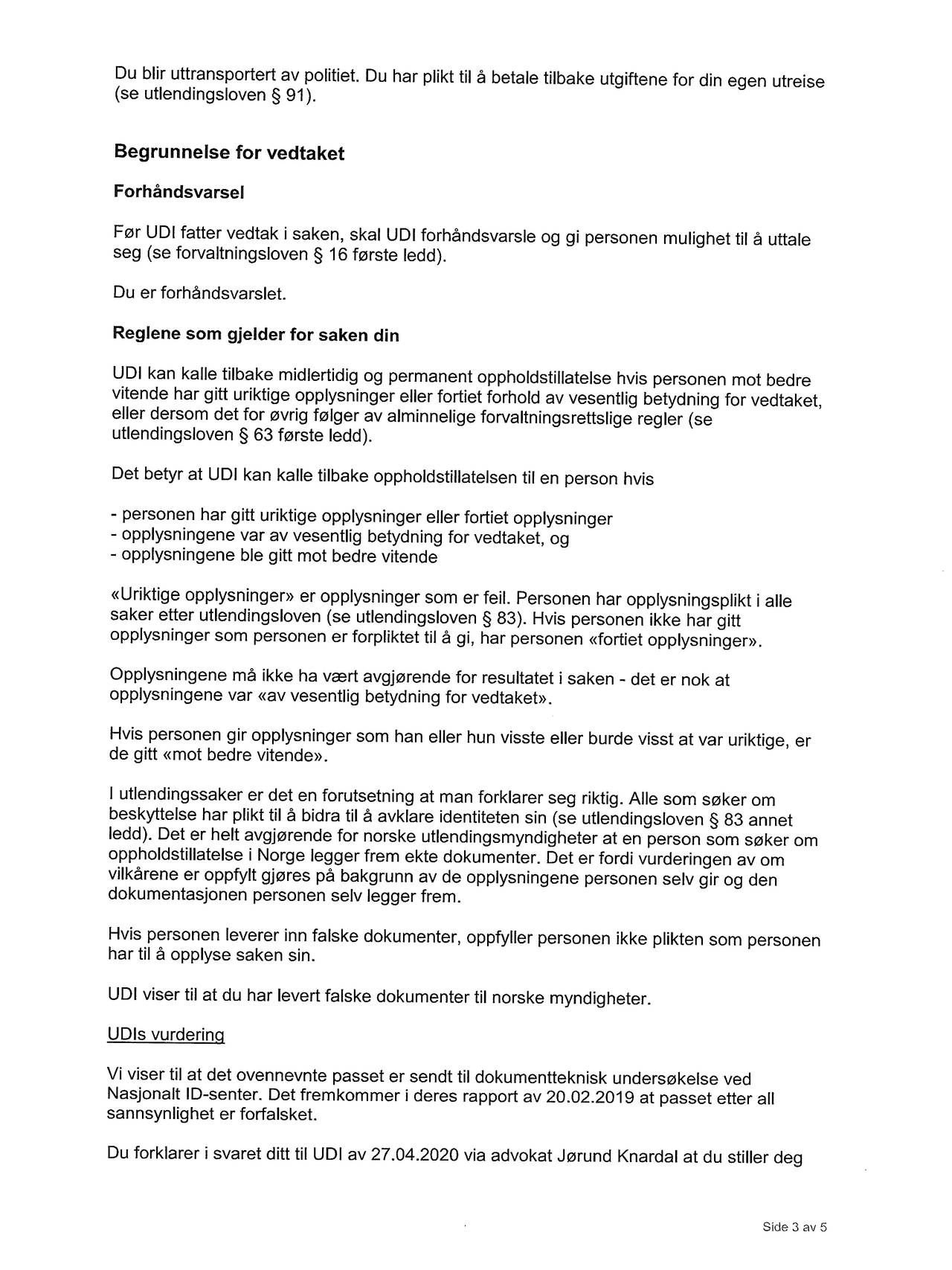 Vedtaket (s3) som ble sendt til Sitel.