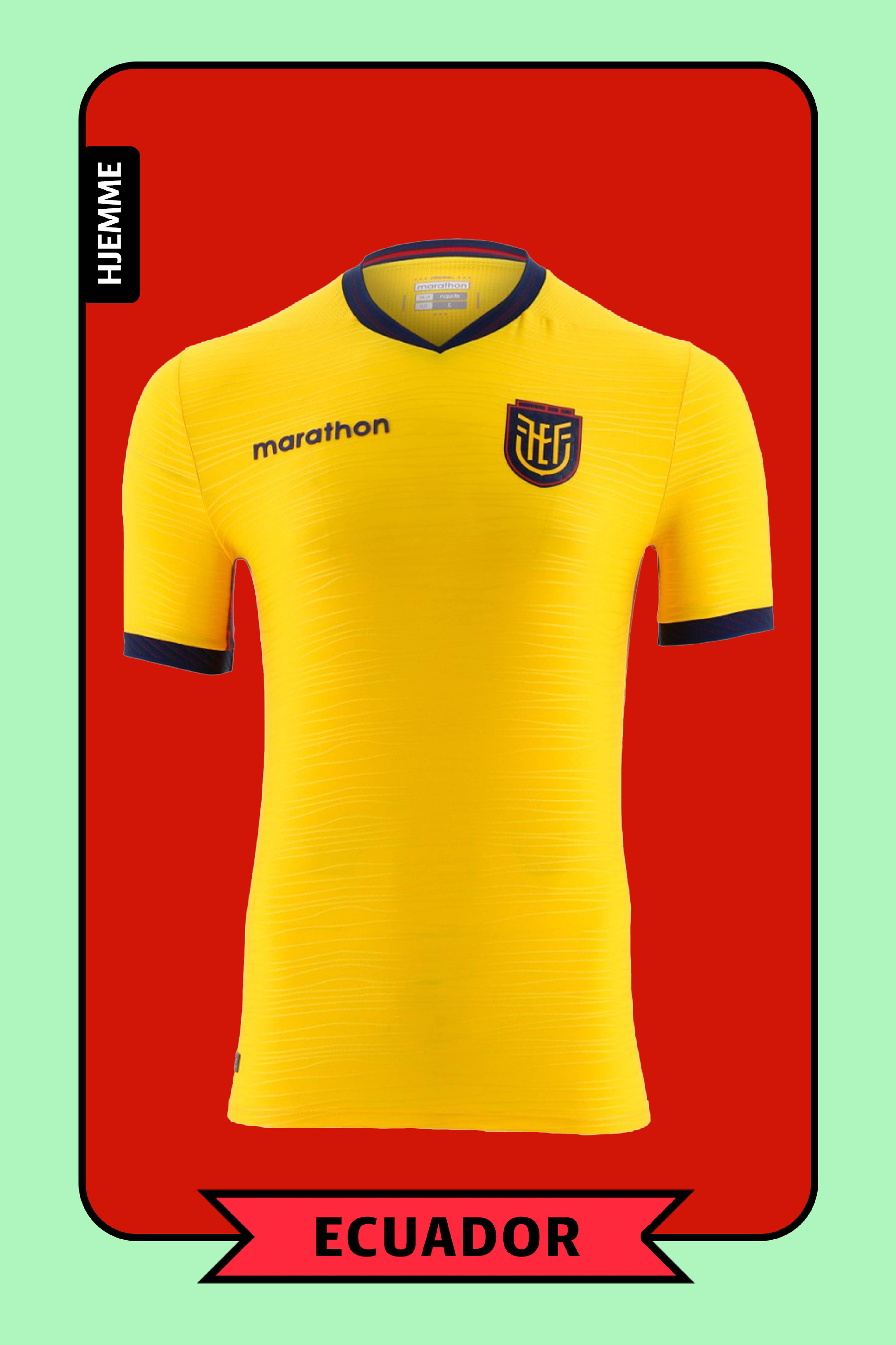 En knallgul fotballtrøye med mørkeblå detaljer