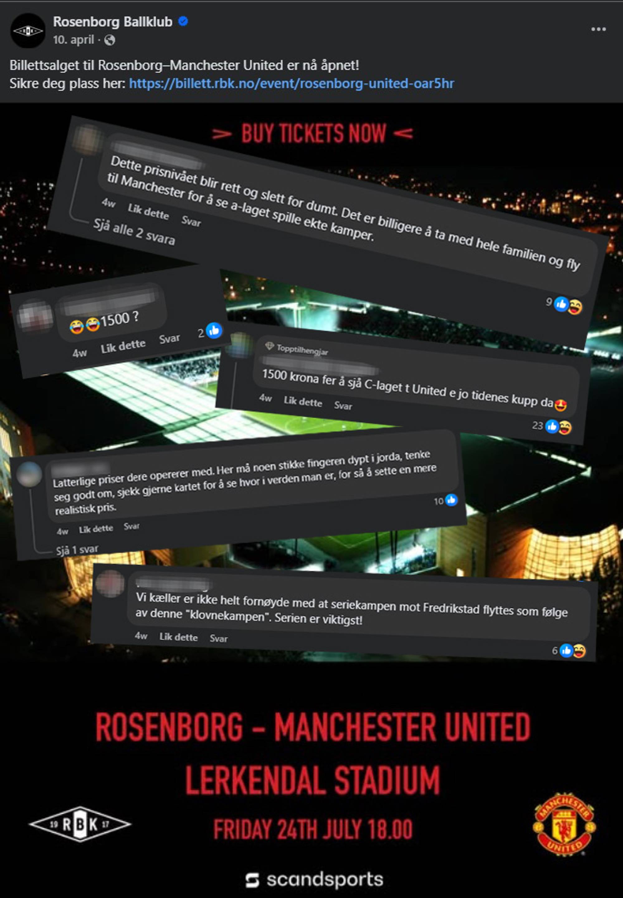 Kollasj av kommentarfeltet under Rosenborgs post på Facebook om billettsalg til kampen mot Manchester United