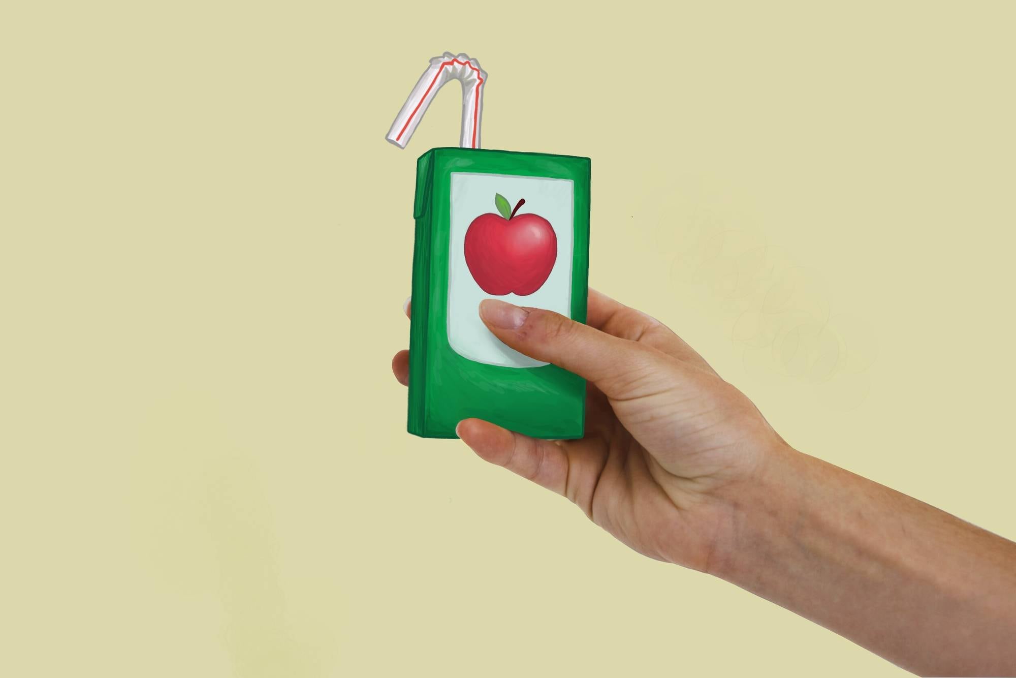Et bilde av en hånd som holder en illustrert juiceboks.