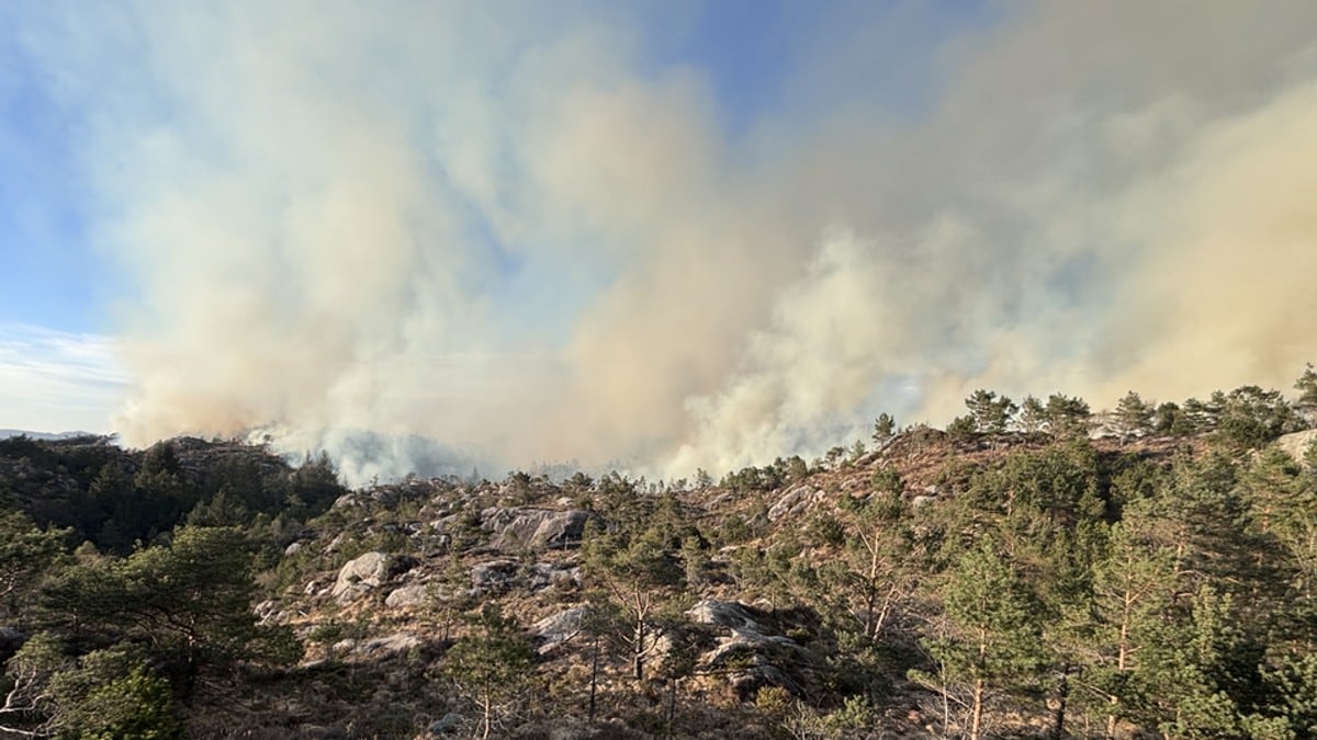 Skogbrann fr&aring; stormkj&oslash;kken i Fitjar trugar busetnad