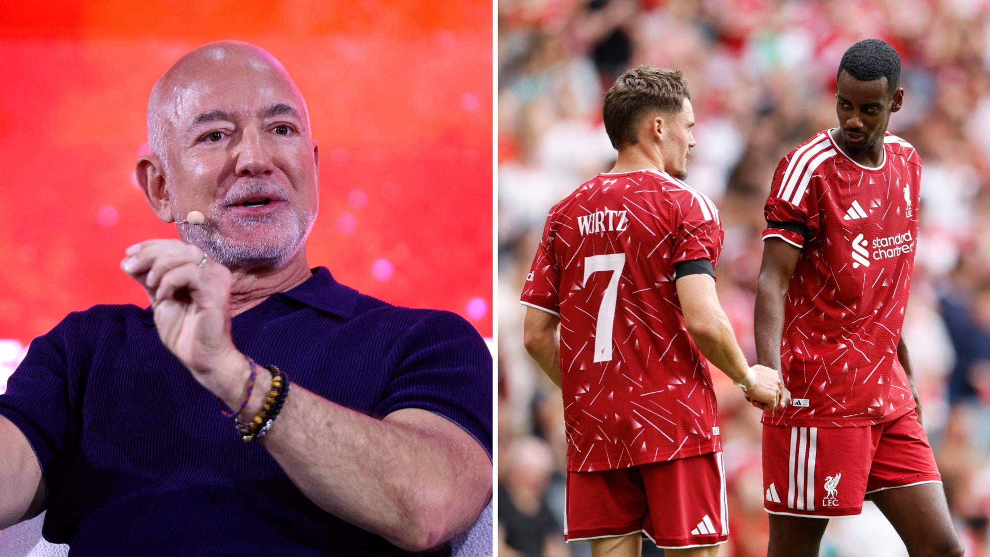 Splitbilde av Jeff Bazos og Florian Wirtz og Alexander Isak fra Liverpool