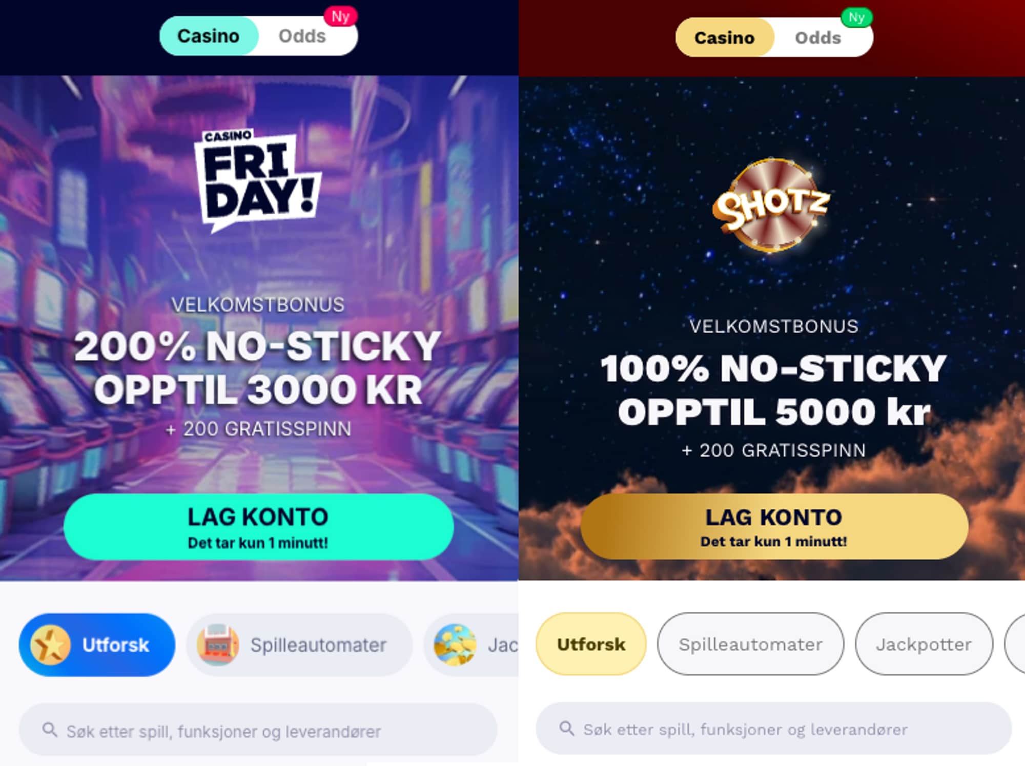 Kollasj av to kasinonettsider hvor du ser en lag konto-knapp og bonus-kampanje, tilsynelatende likt utformet. 