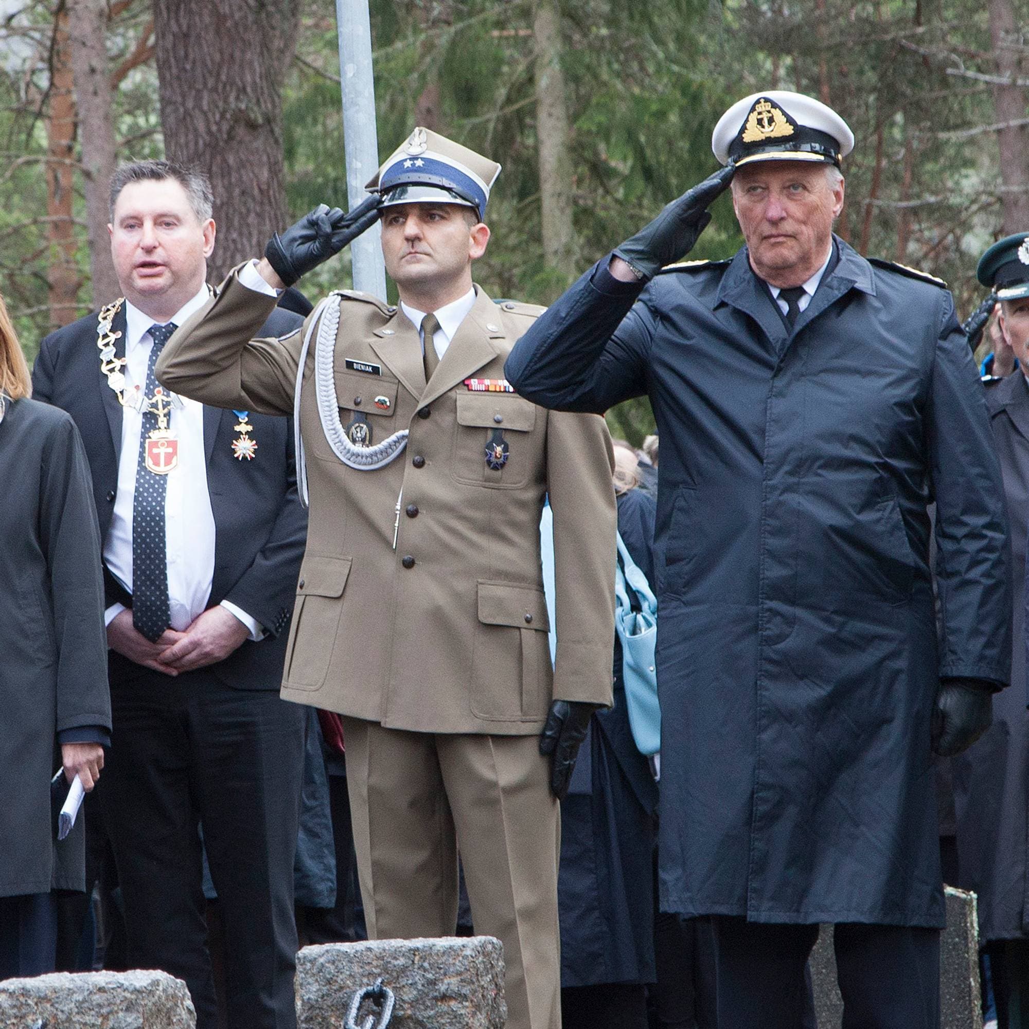 Kong Harald og polske Andrzej Duda står med flere andre under en markering ved en gravlund. (Bildebeskrivelsen er laget av en KI-tjeneste)