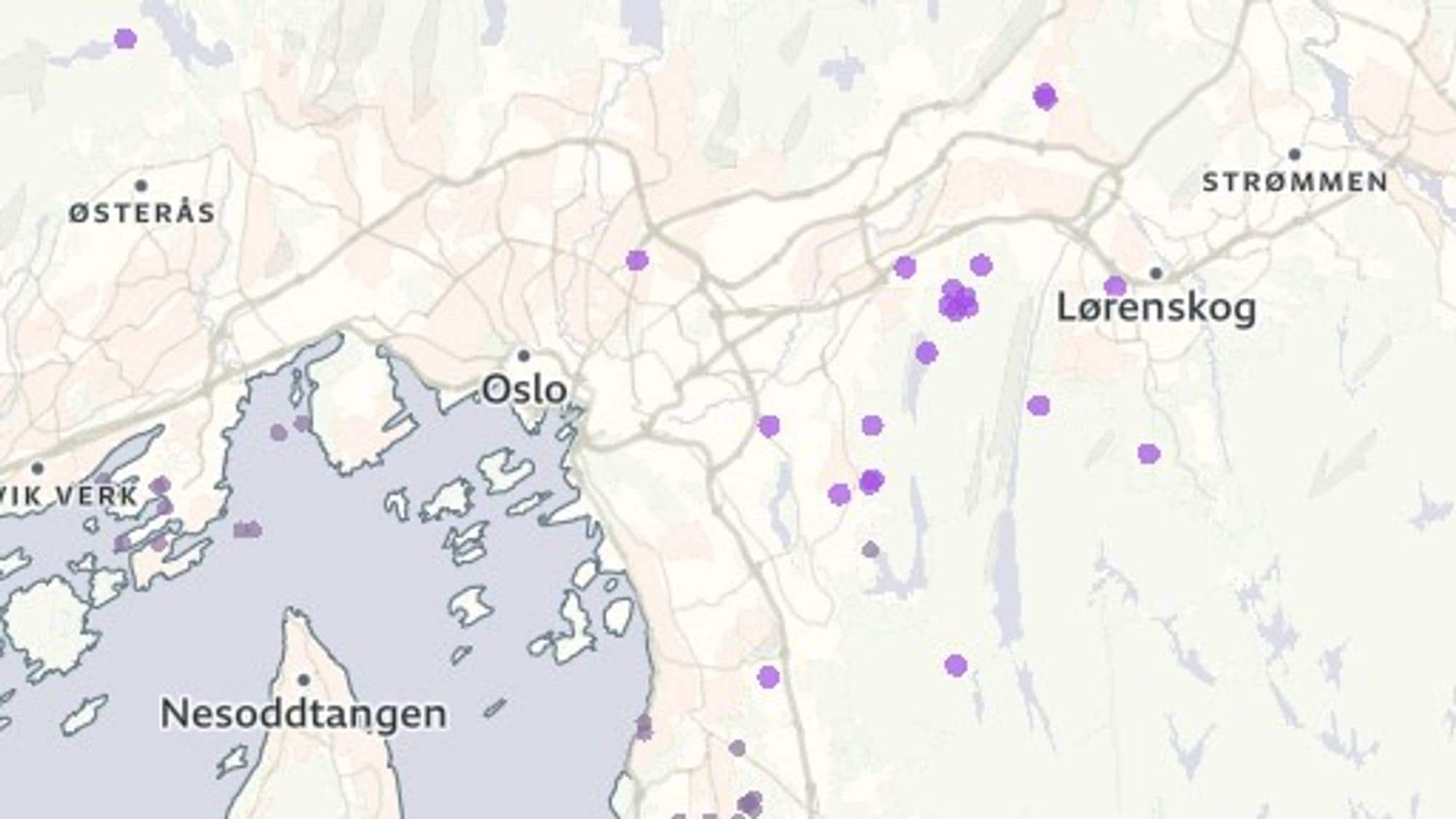Kart som viser Oslo og området rundt med lilla prikker som markerer lynnedslag.