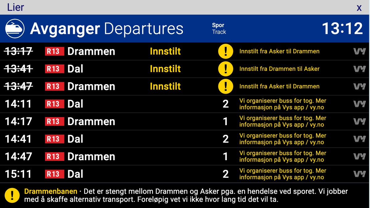 Drammenbanen stengt for togtrafikk