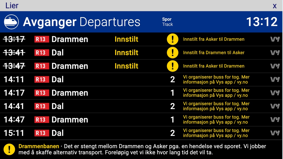 Drammenbanen stengt for togtrafikk