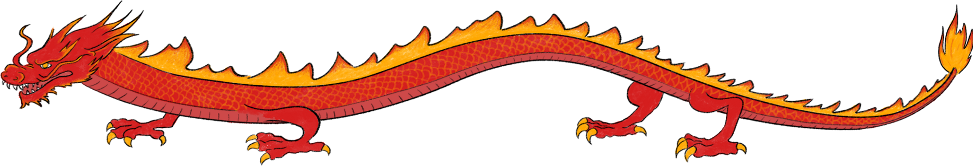 En illustrert drage med flammerygg.