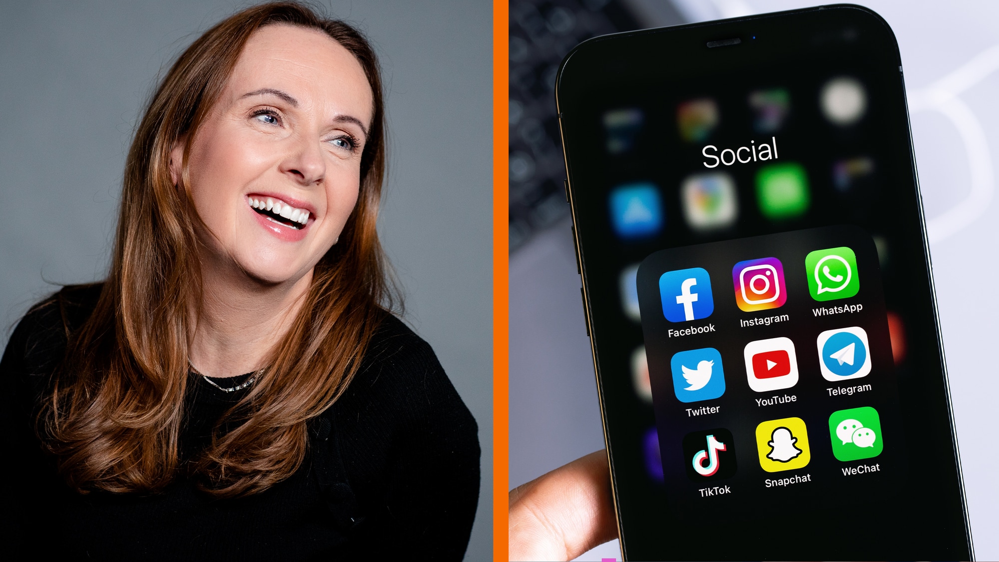 Bildet viser Cecilie Langum Becker og en mobiltelefon med sosiale medier-apper.