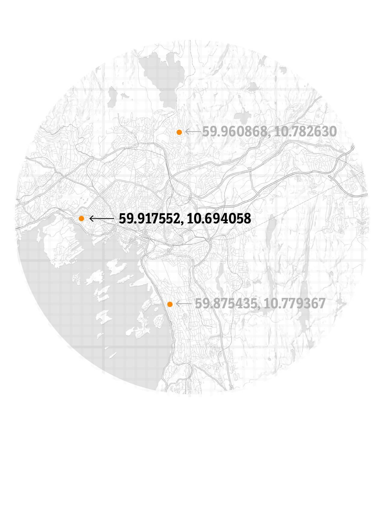 Kart med GPS-koordinater som oransje prikker.