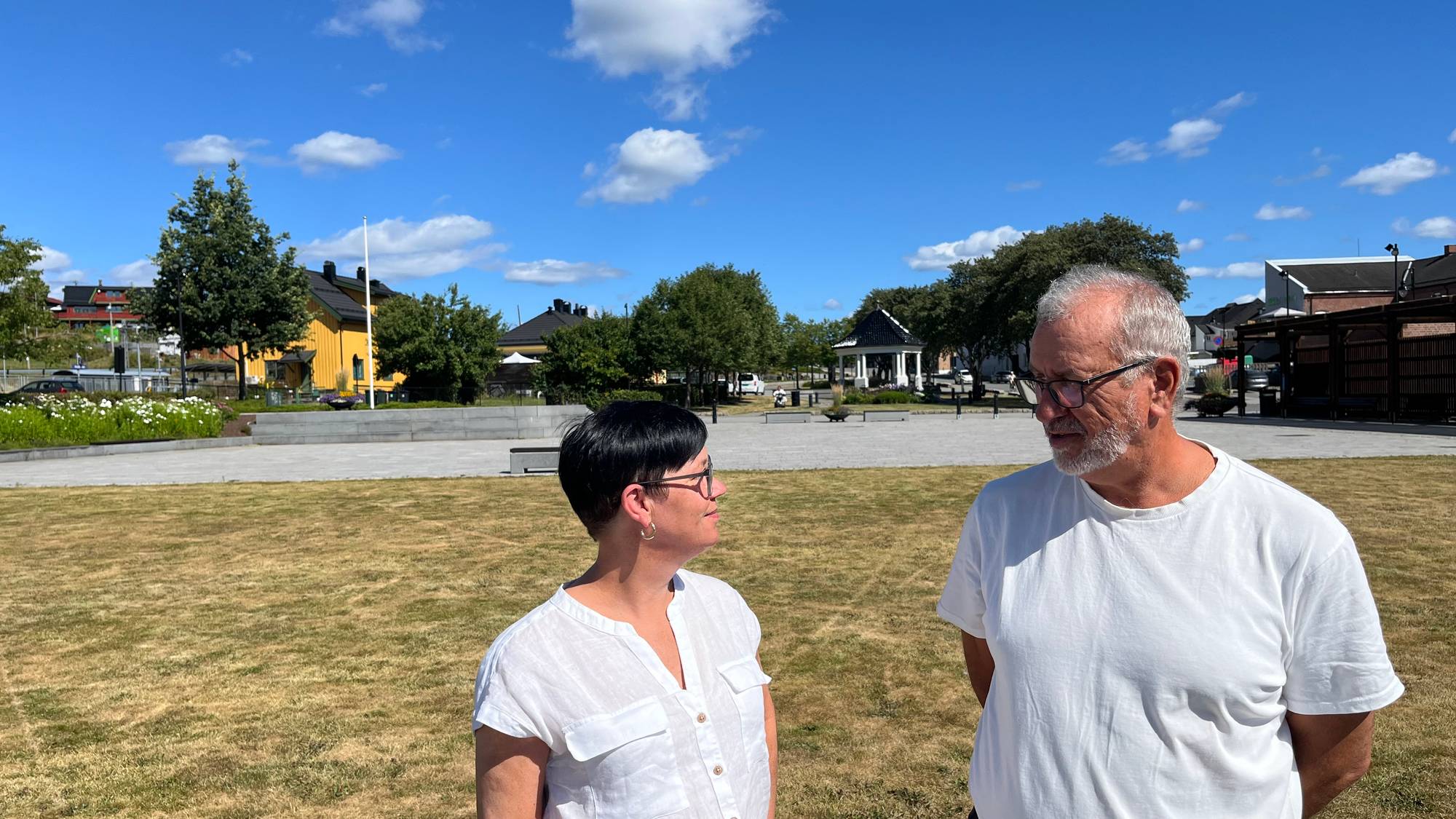 En personer som står på en gresslette