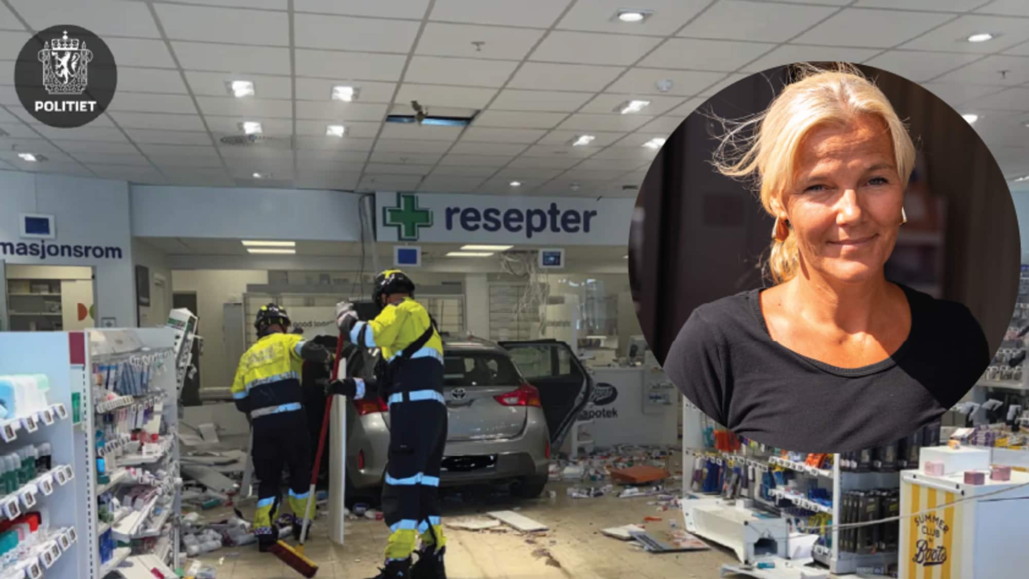 Bil som har kjørt inn i et apotek. Personer i vernetøy rydder opp. Bilde med innfelt portrett. (Bildebeskrivelsen er laget av en KI-tjeneste)