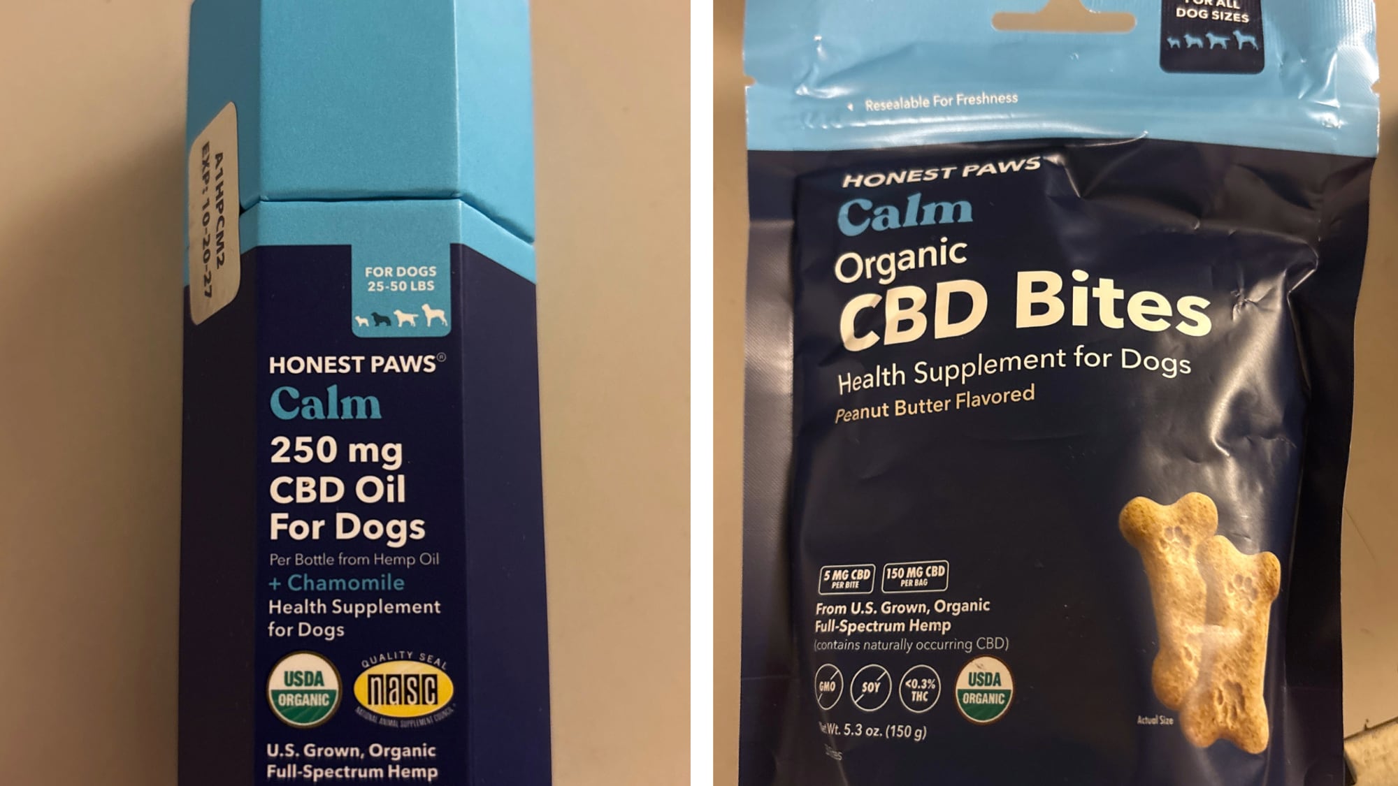 Foto av flaske med CBD-olje og pose med CBD-godbiter for hunder fra merket Honest Paws. (Bildebeskrivelsen er laget av en KI-tjeneste)