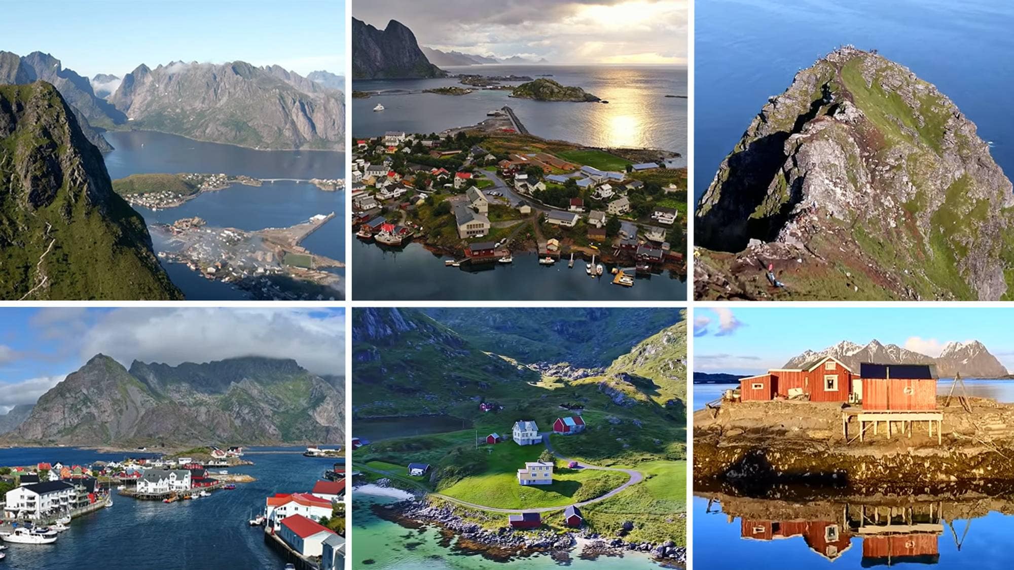 Bildekollasje av flere dronevideoer fra Lofoten