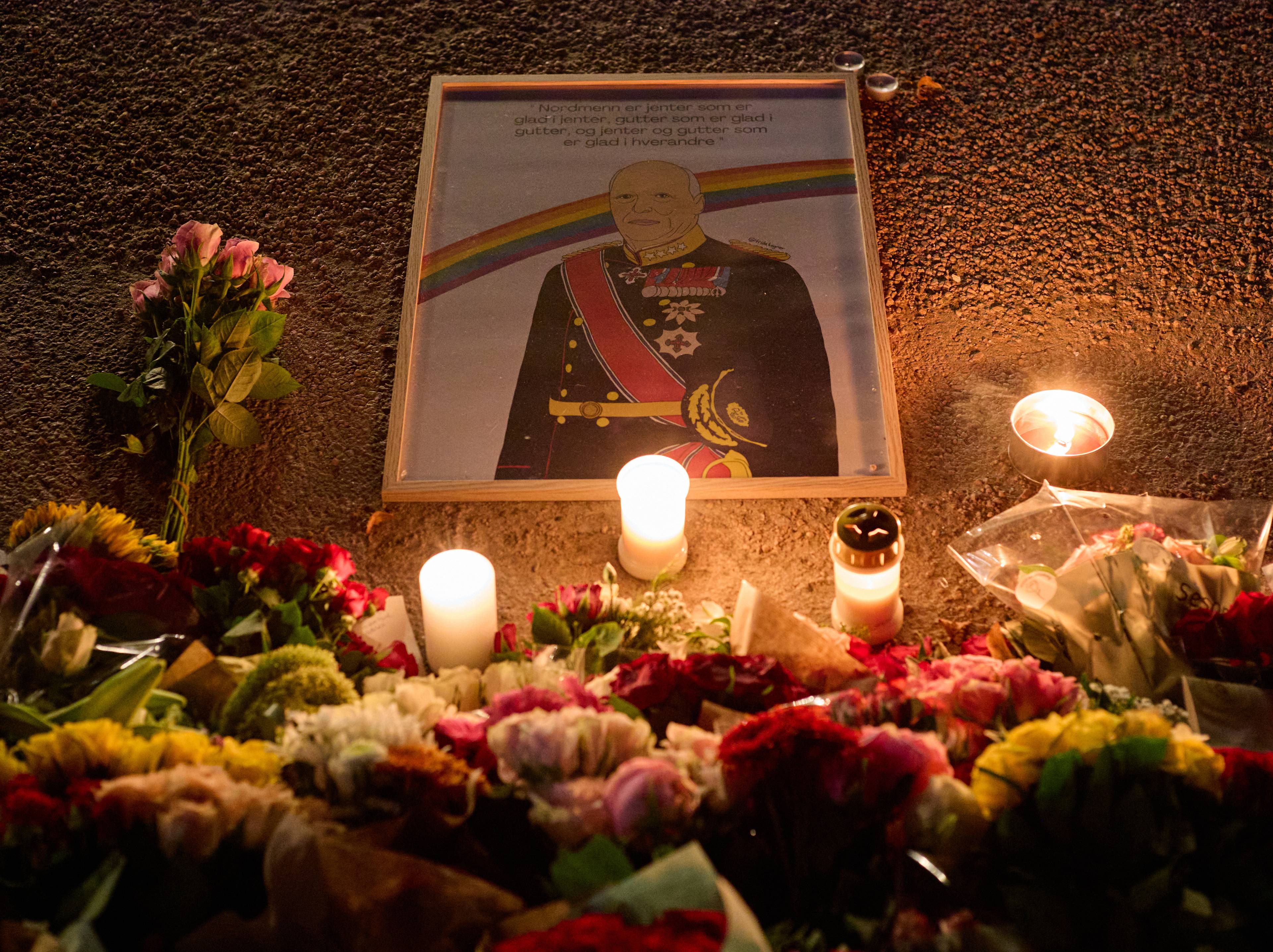 Illustrasjon av Kong Harald med regnbue, omgitt av blomster og tente lys på bakken.