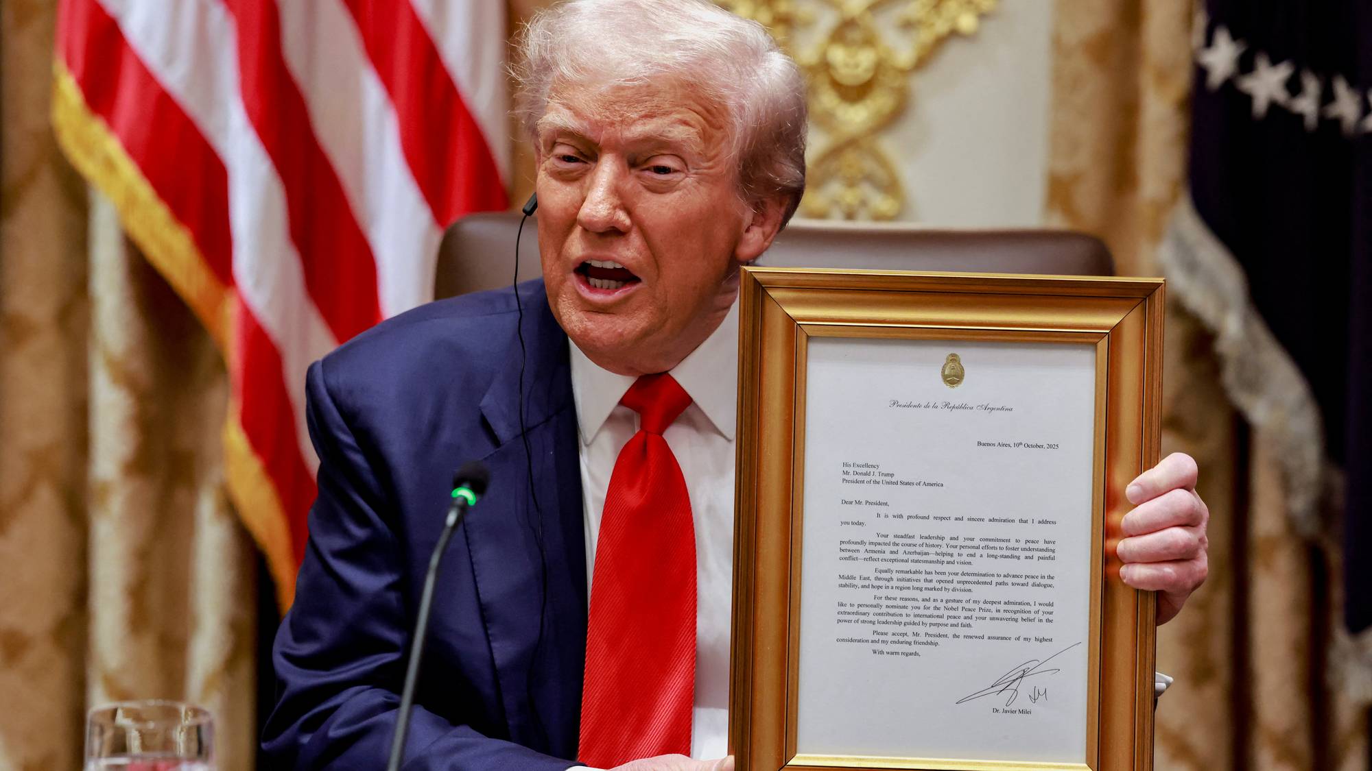 USAs president Donald Trump holder frem nominasjonsbrevet til Nobels fredspris fra Argentinas president Javier Milei.