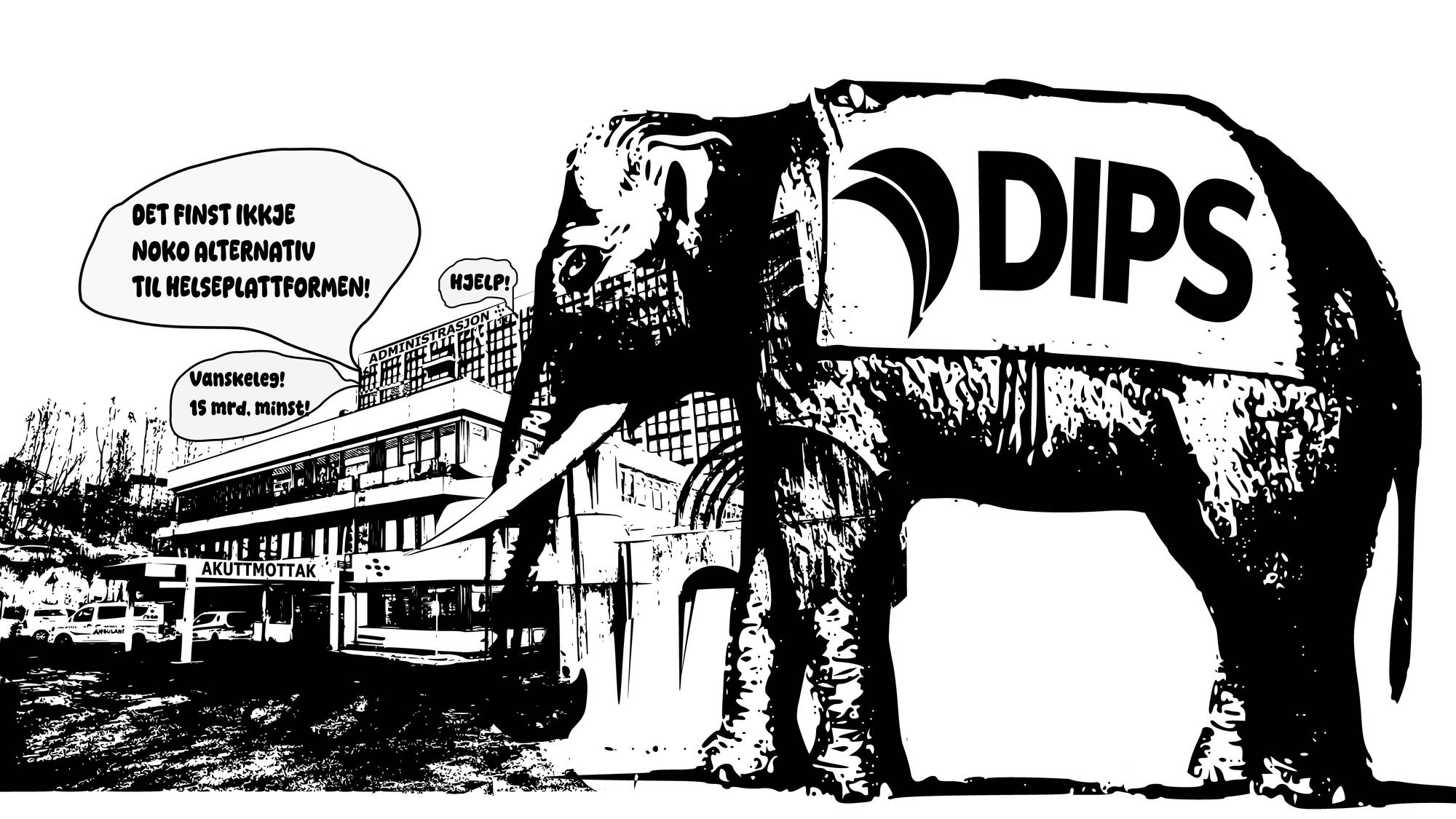 Elefant med DIPS-logo utafor styremøte i Helse-Noreg, dei diskuterar Helseplattformen sine 15 milliarder