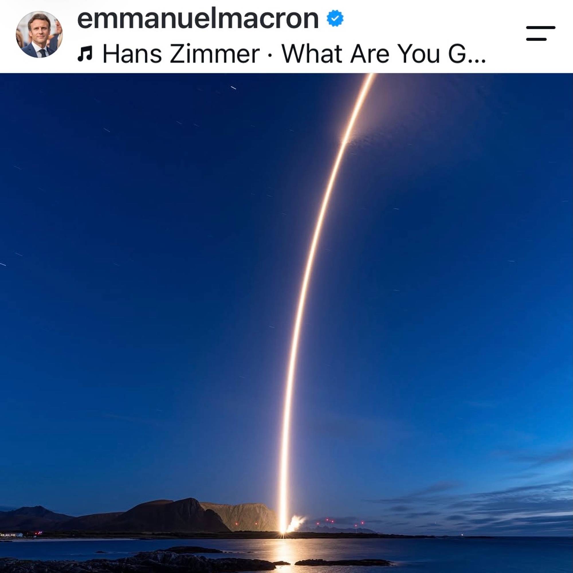 Screenshot Macrons Instagrampost om rakettoppskyting på Andøya