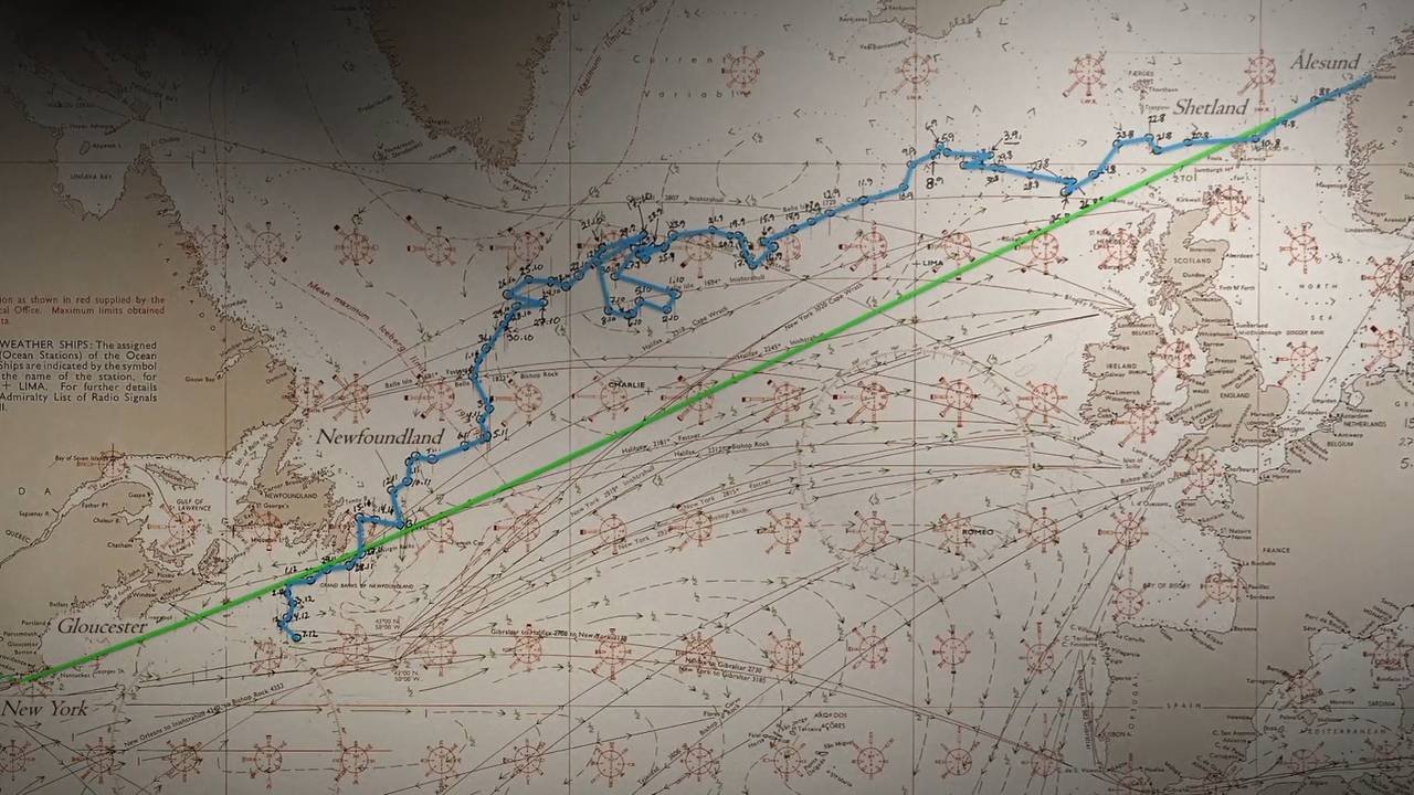 Kart med datoplotting for Uræds ferd over Atlanterhavet 1904