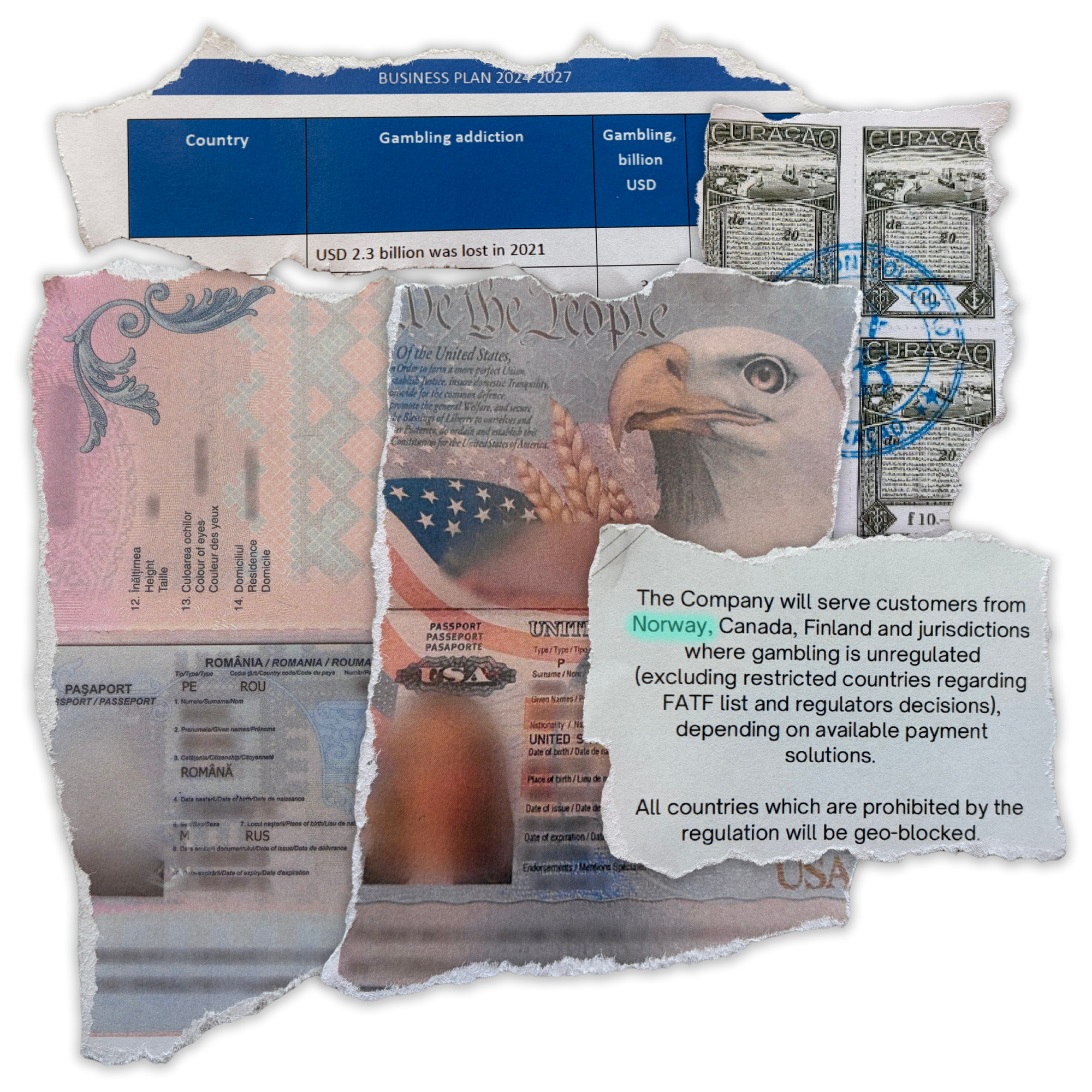 Collage med utklipte dokumenter, pass, stempel og tekst om pengespill og markeder. 