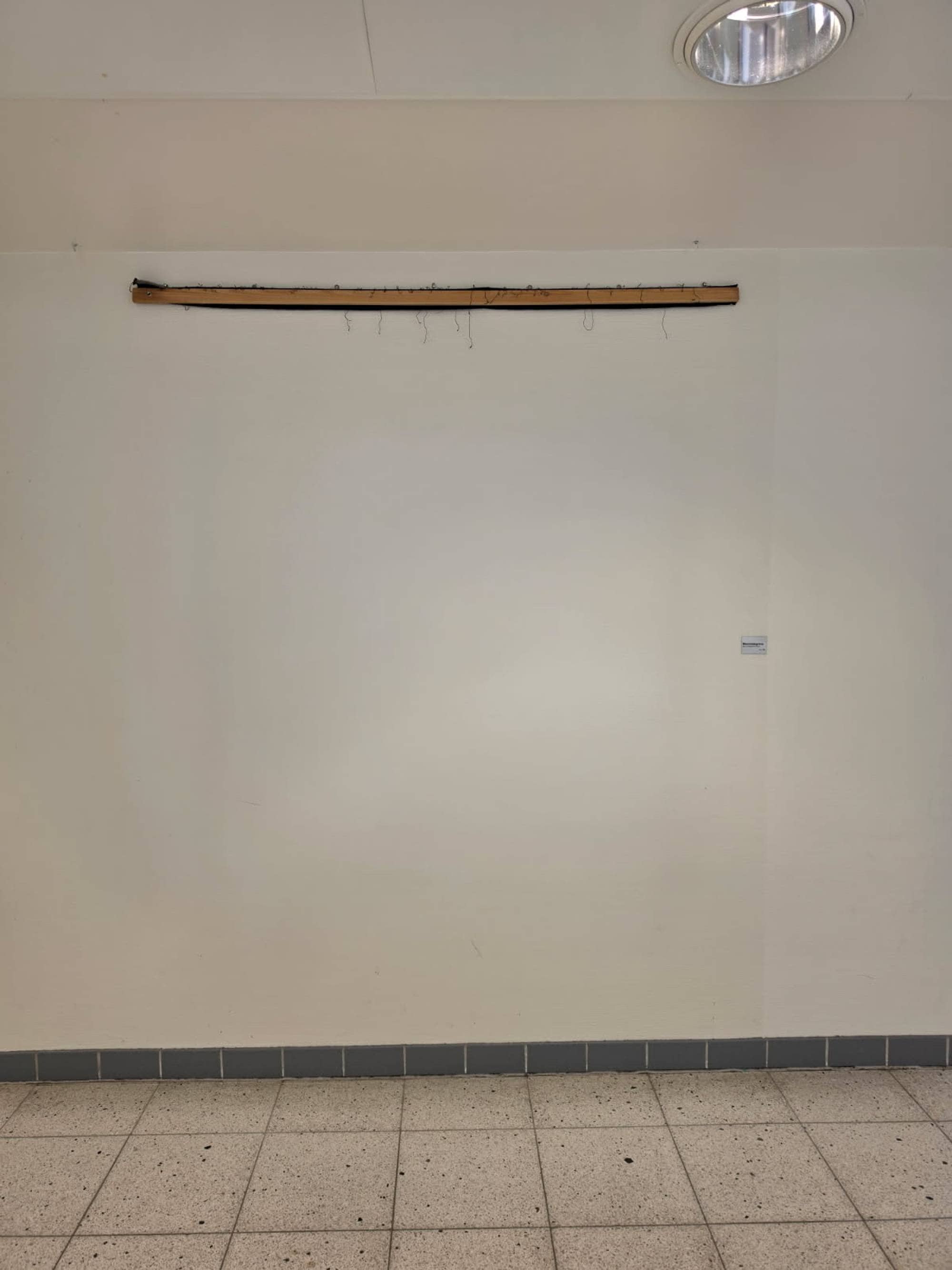 En hvit vegg med et oppheng for et teppe øverst og en liten merkelapp på siden. (Bildebeskrivelsen er laget av en KI-tjeneste)