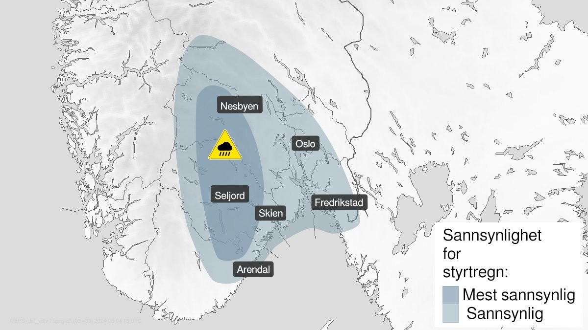 Farevarsel om styrtregn i Trøndelag og deler av Østlandet