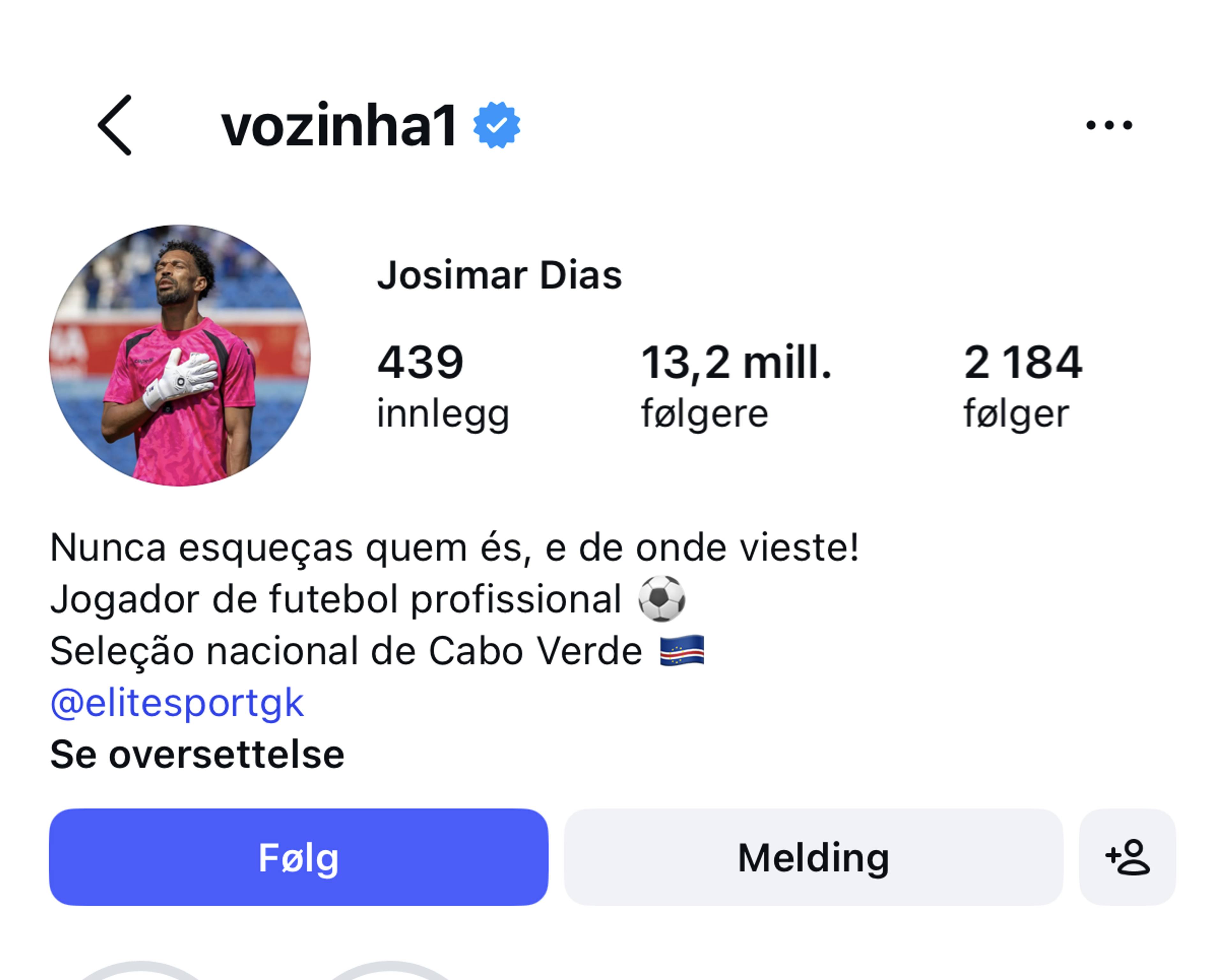 Dette er et skjermbilde av en Instagram-profil. Profilen tilhører fotballspilleren Josimar Dias. I profilbildet står han i keeperdrakt. Under navnet hans vises antall innlegg, følgere og de han følger. Det er også en kort biografi og lenke til en nettside. (Bildebeskrivelsen er laget av en KI-tjeneste)