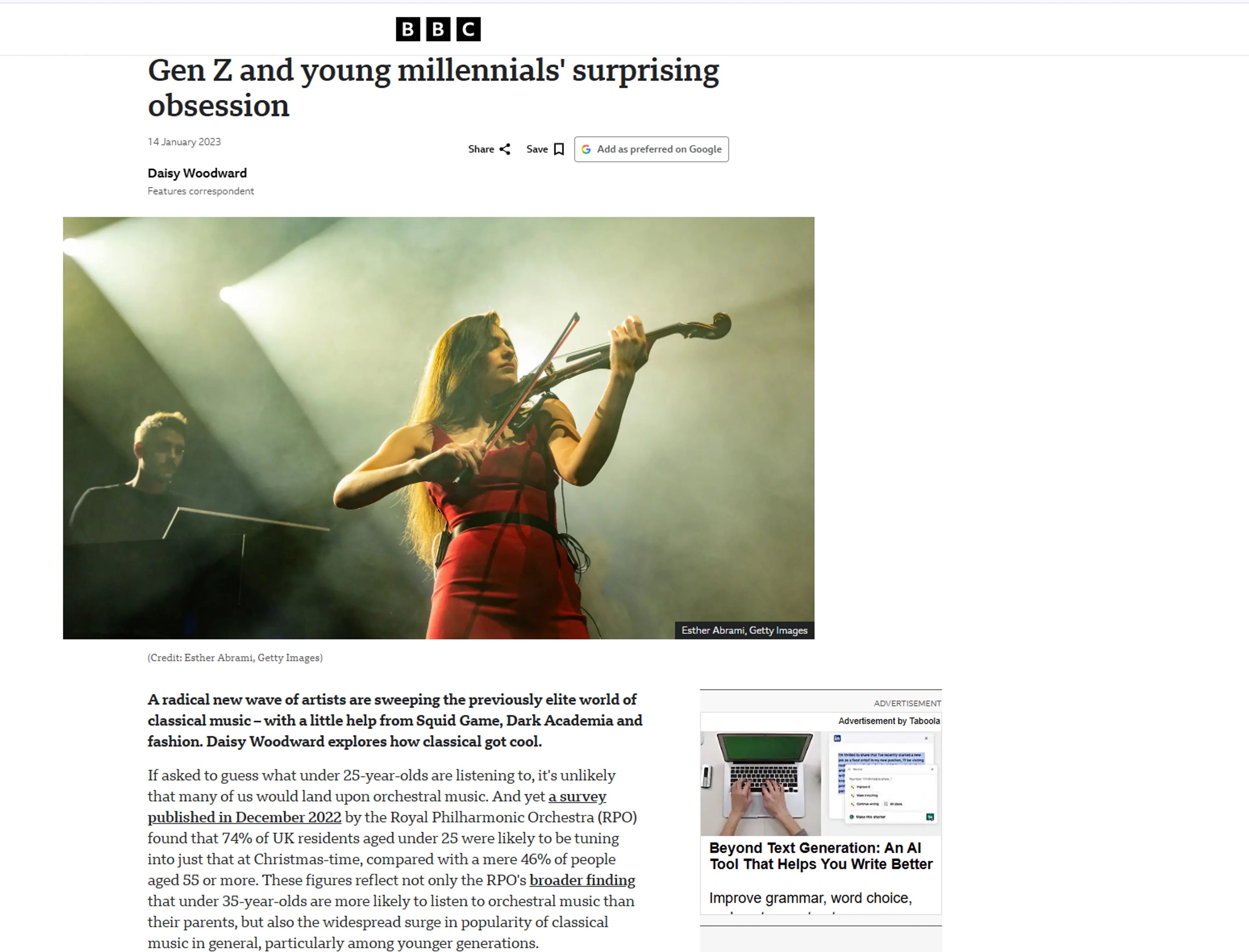 skjermdump fra BBC med sak om klassisk musikk interesse blant unge