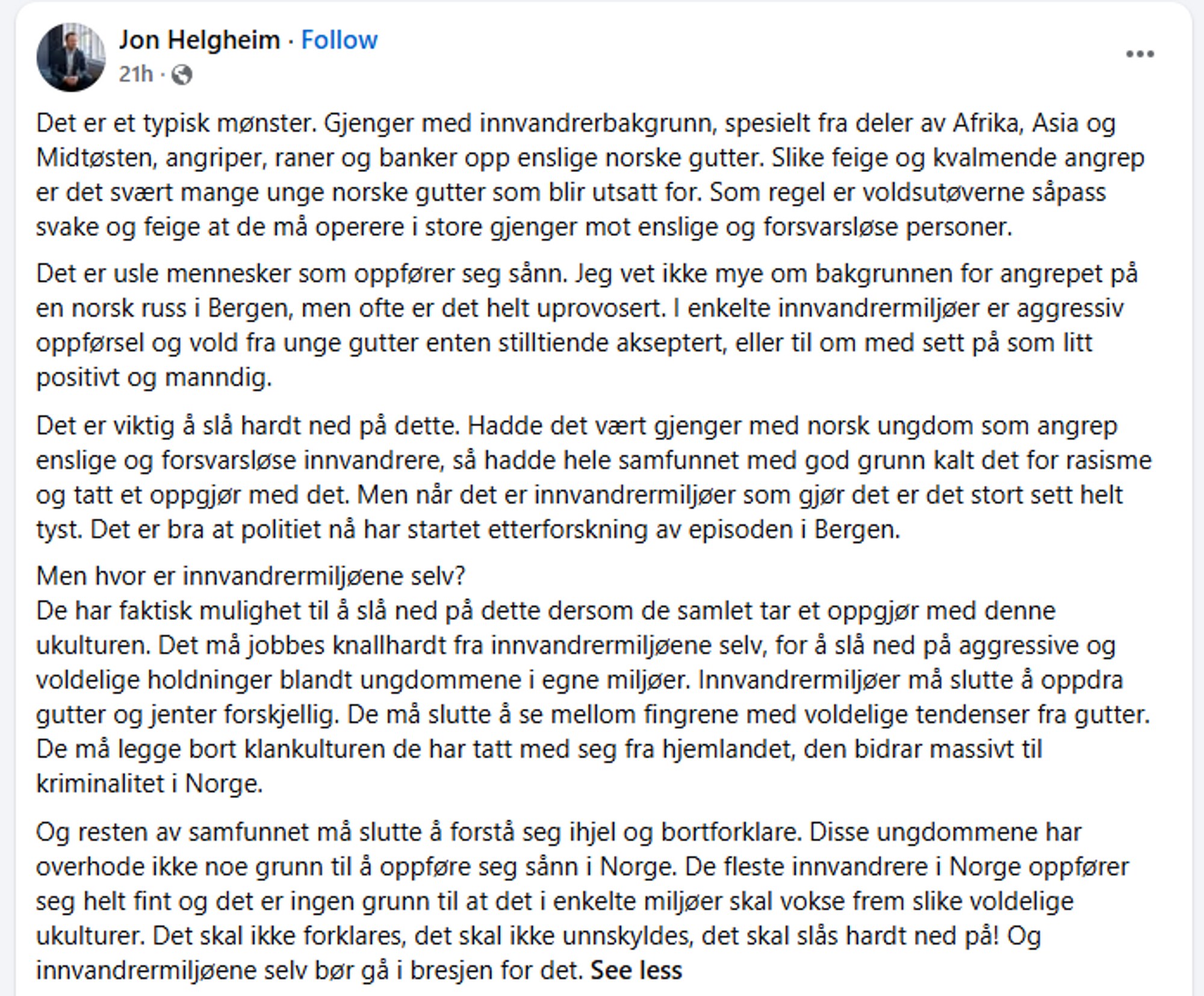 Jon Helgheim Facebook-innlegg om volden på 17. mai i Bergen