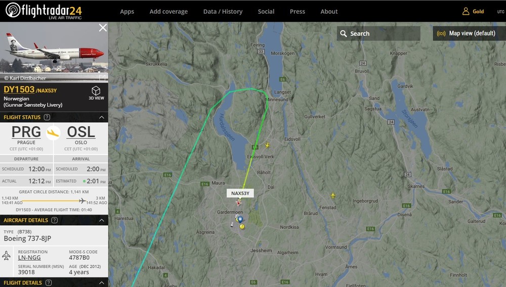 Flightradar24 animasjon av landing på Gardermoen