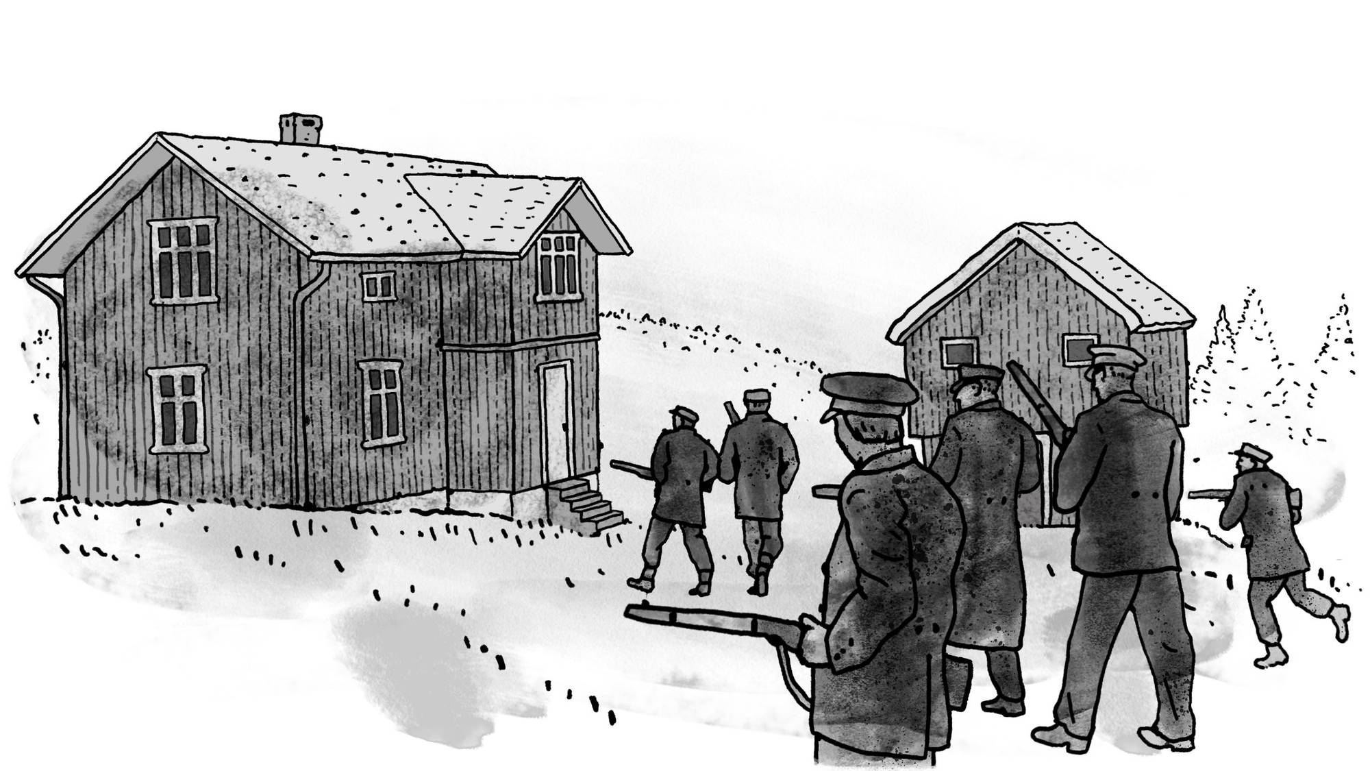Tegning av en gruppe politifolk som nærmer seg en gård hvor Rolf Erling Knutsen, Rottenikken, oppholdt seg.