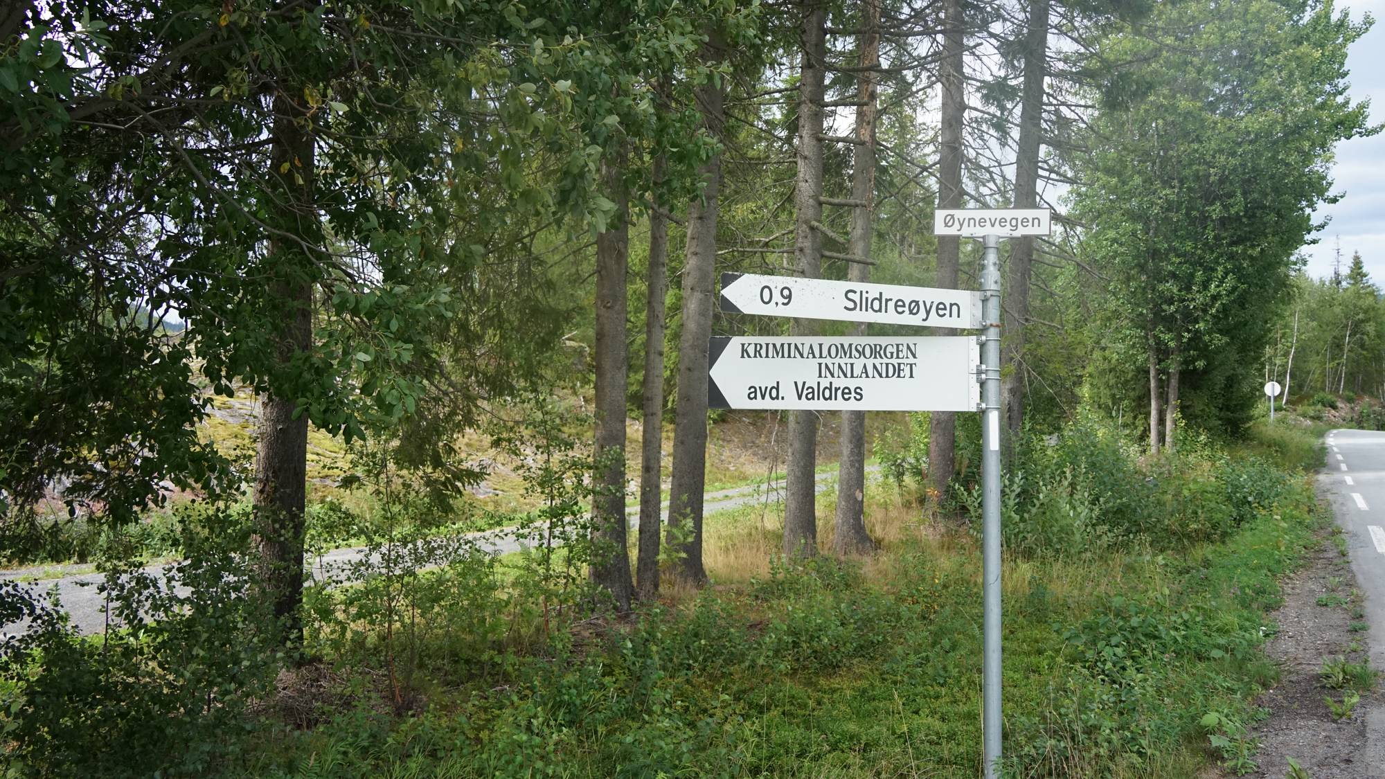 et skilt i et skogkledd område